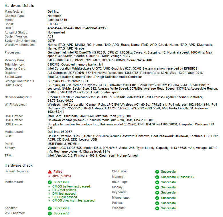Dell Latitude 3310, i5-8265U CPU, @ 1.60GHz, 8GB RAM, 256GB NVMe-No OS/Adapter