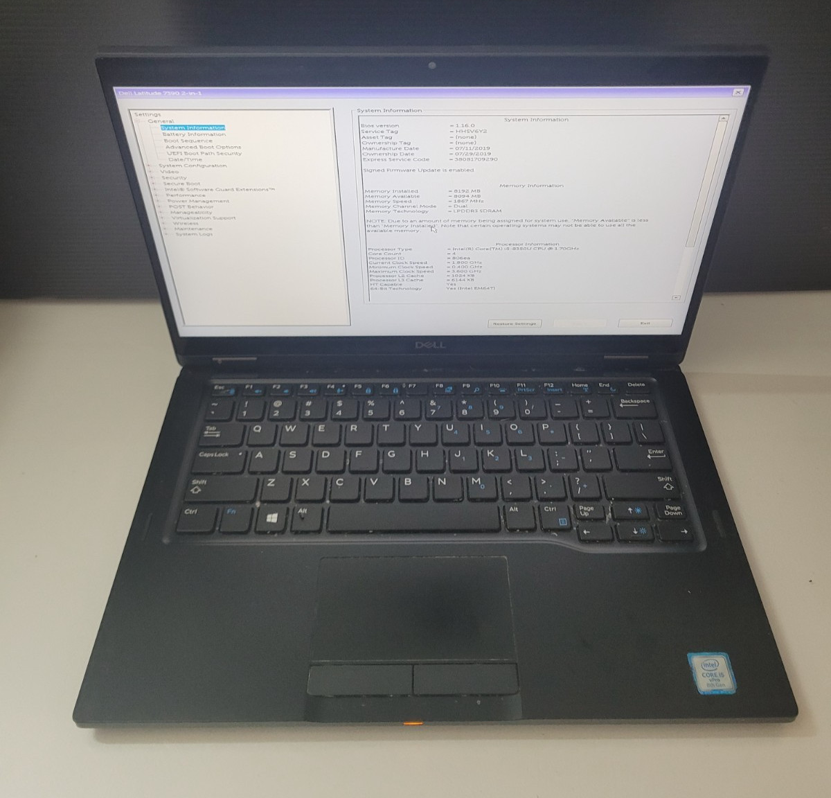Dell Latitude 7390 Intel Core i5-8250U 1.6Ghz 8GB Ram No SSD 13.3″ Touch Laptop