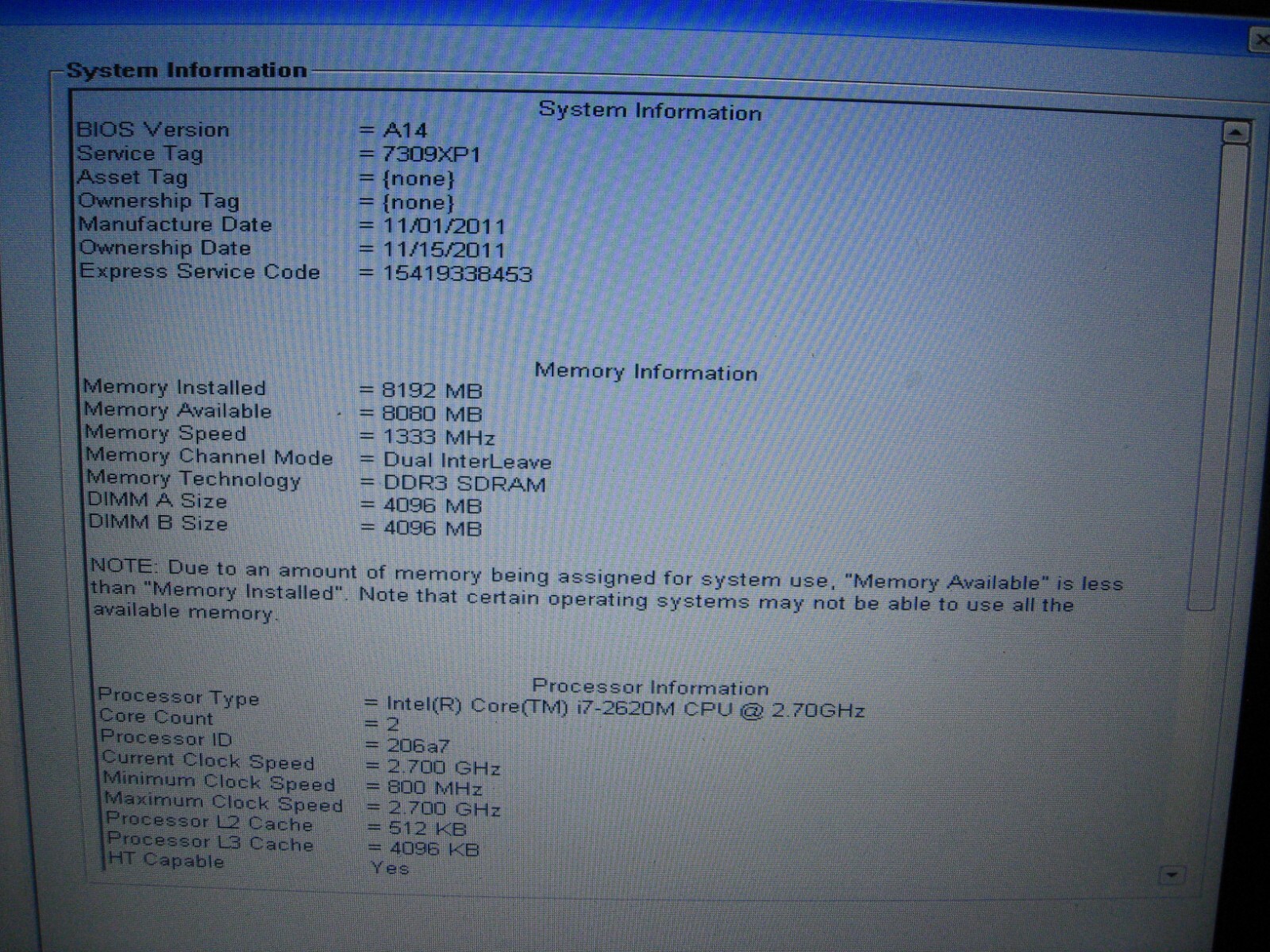 Dell Latitude 6220 I7-2620M 8GB Ram – No HDD/OS – No PS – Clean, Good Condition