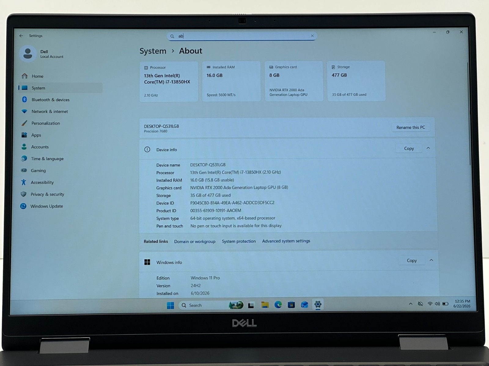 Dell Precision 7680 16″ Core i7-13850HX RTX 2000 16GB RAM 512 NVME SSD #20