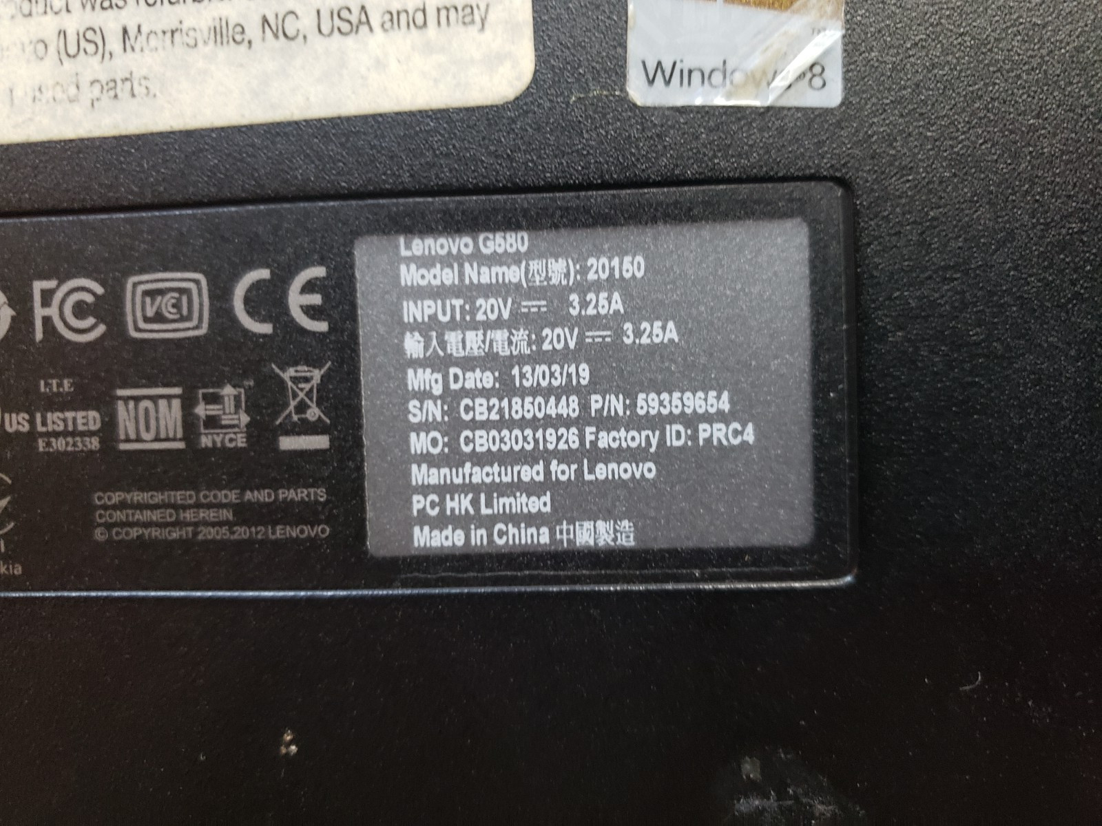Lenovo G580 Laptop Intel 2020M(2.4GHz 2MB) 4GB Ram NO HD/OS
