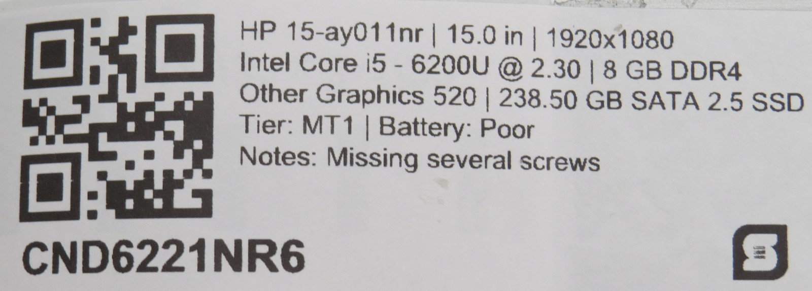 HP 15 ay011nr | i5-6200U @ 2.3GHz | 8GB DDR4 | 238GB 2.5″ SATA SSD | 15″ | No OS