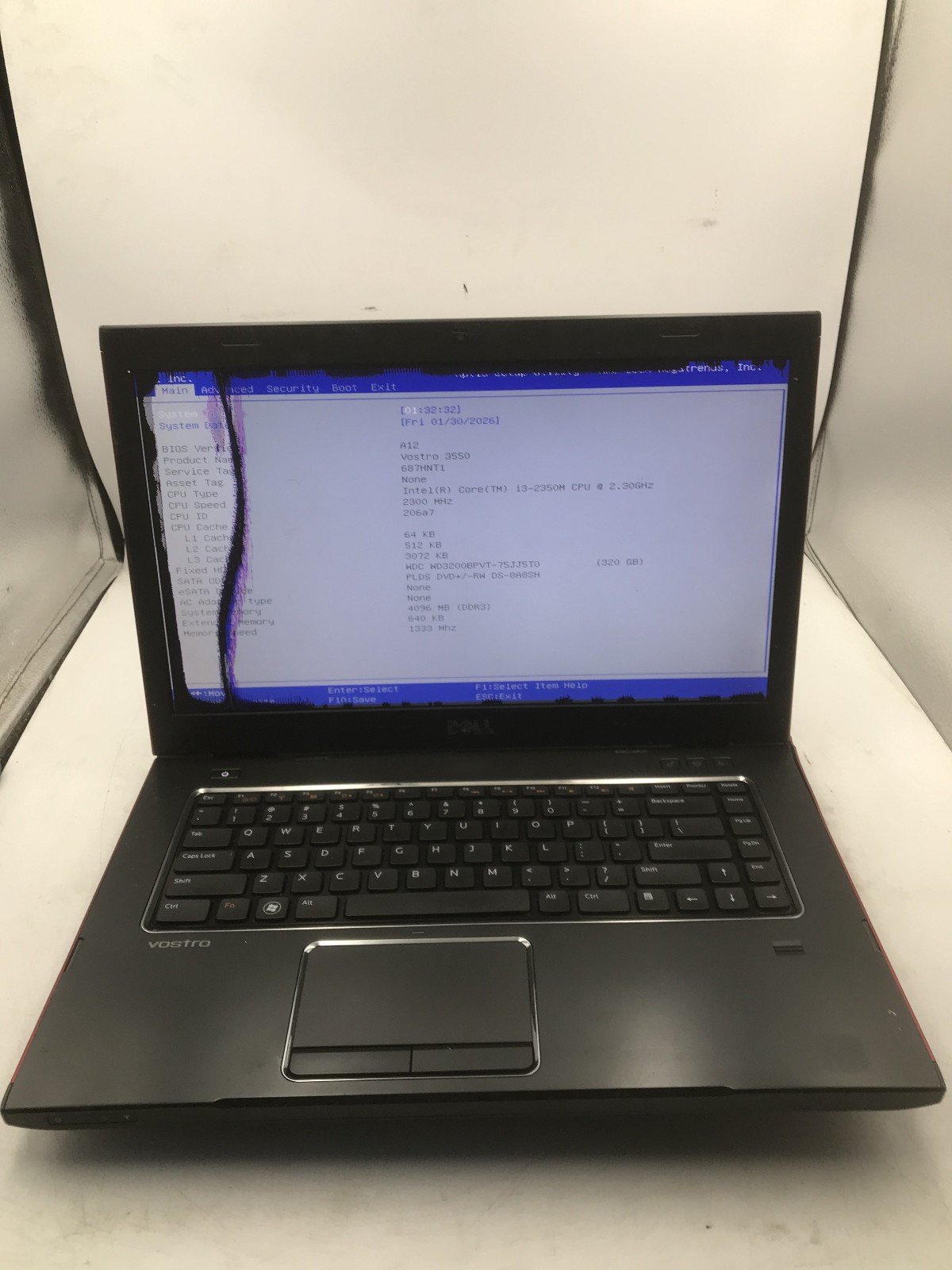 DELL VOSTRO 3550 – BOOTS TO BIOS/BAD LCD – INTEL I3 2350M – 4GB RAM – READ – BB!