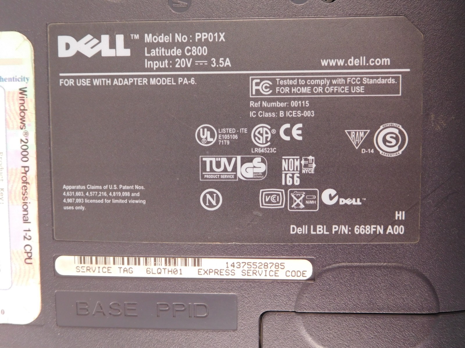 Dell Latitude C800 Pentium III 850Mhz 128MB 20GB 15″ Bad Battery No OS