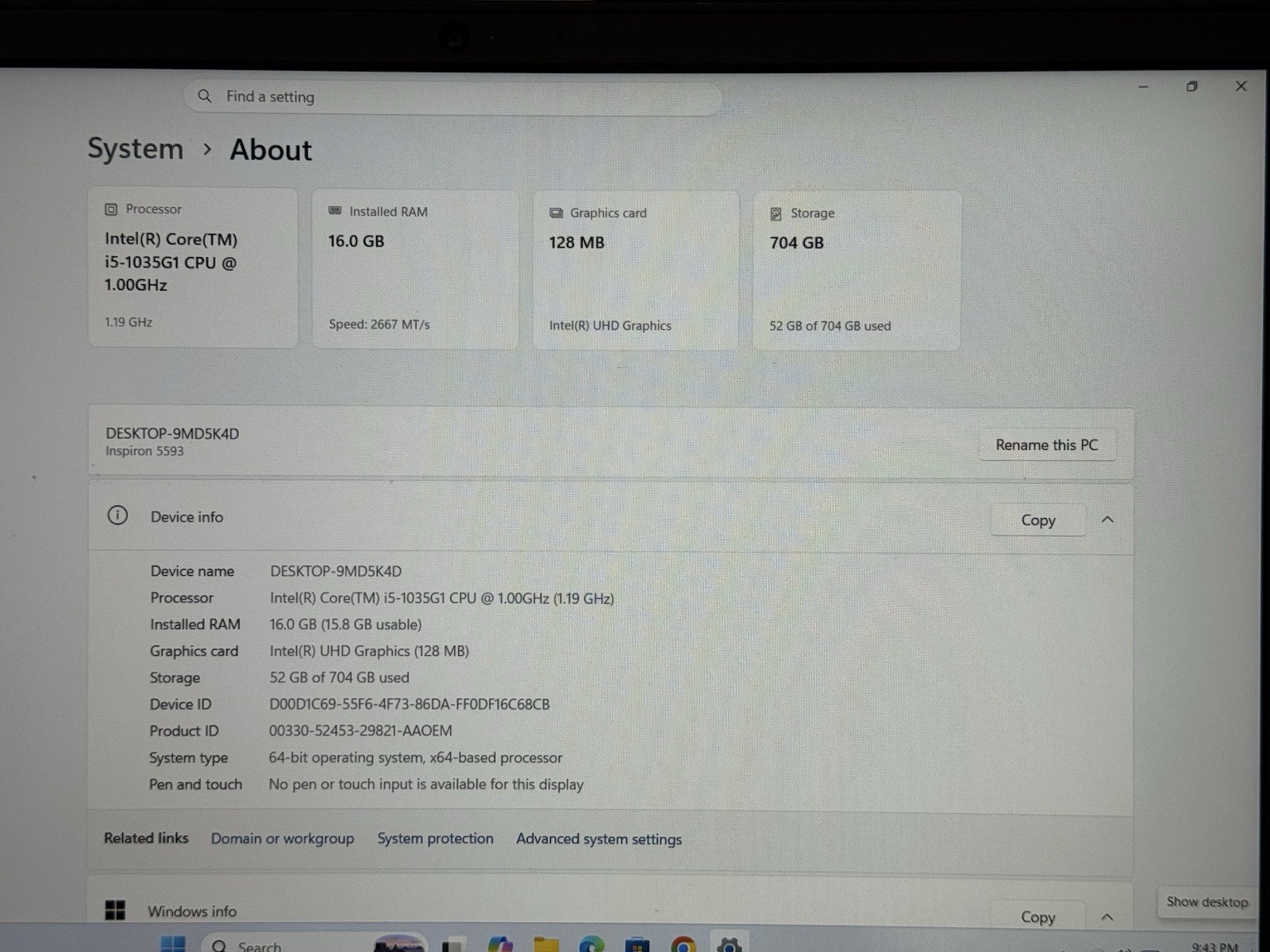 Dell Inspiron 5593 15.6″ Laptop Intel I5-1035G1 16gb RAM 256gb SSD 500gb HDD W11
