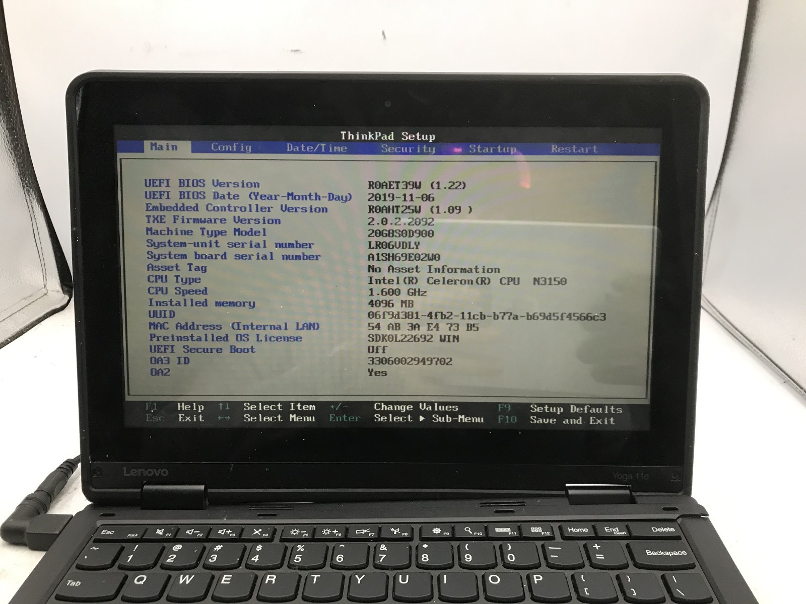 LENOVO THINKPAD YOGA 11E – BOOTS TO BIOS – INTEL CELERON – NO RAM -READ DESC- BB