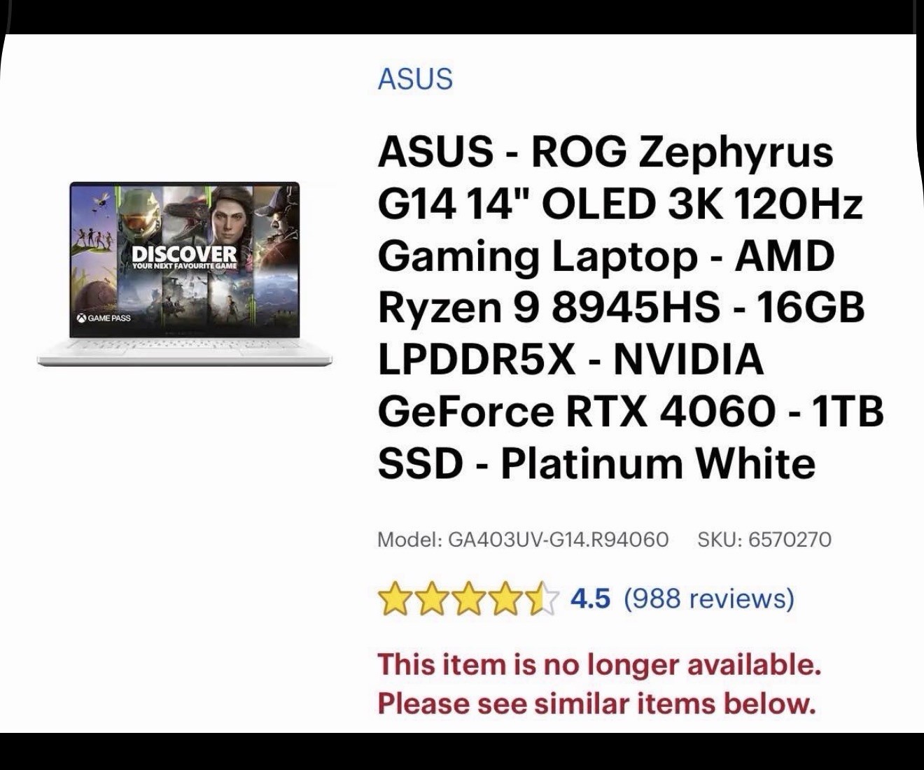 Asus Zephyrus OLED G14 Rog GA403UV 14″ Ryzen 9 8945HS 4.0GHz 1TB SSD RTX 4060