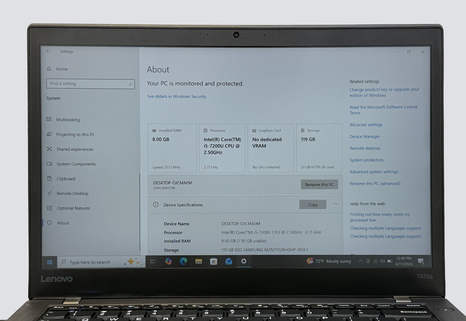 Lenovo Thinkpad T470s i5-7200u 2.5GHz 8GB RAM 128GB SSD