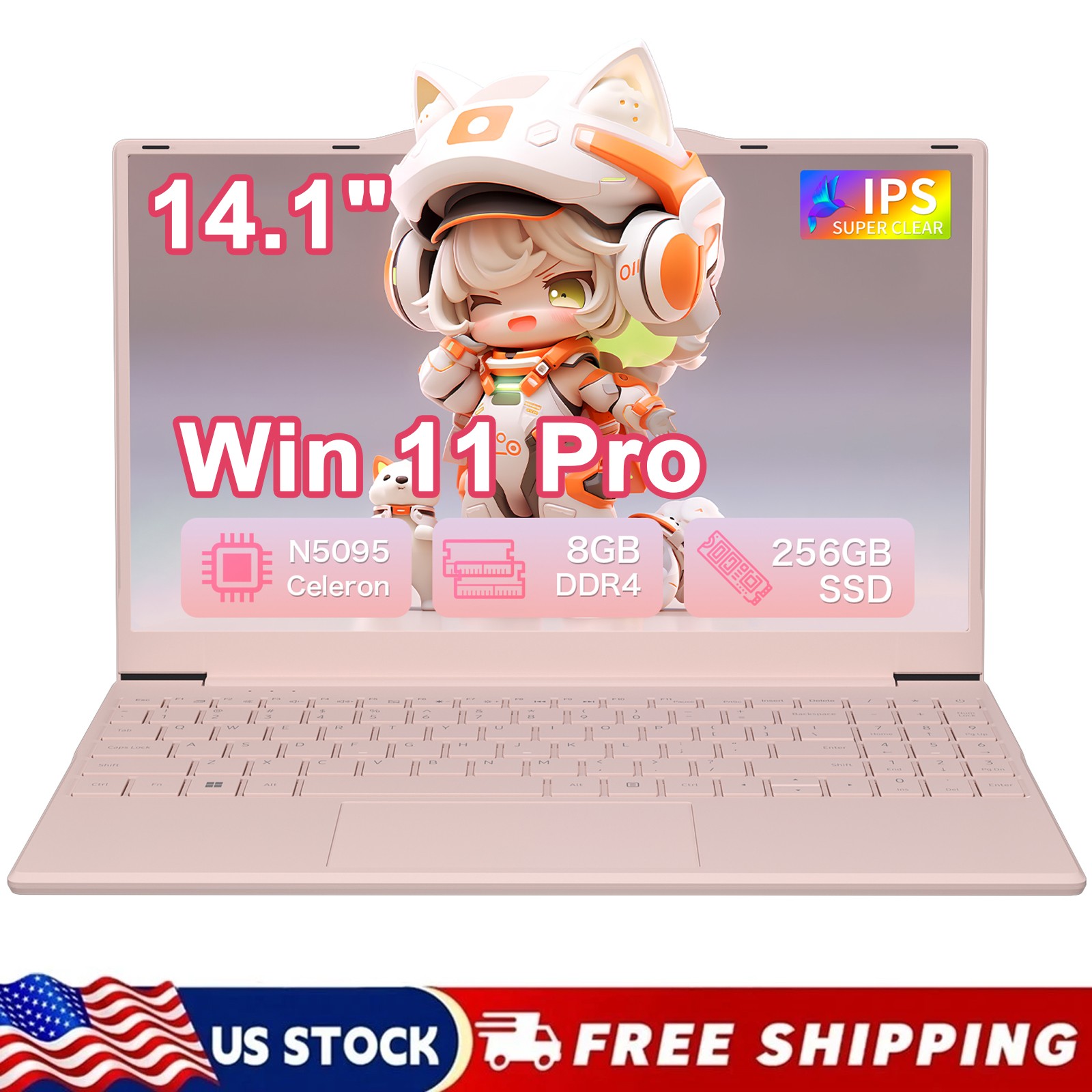 Ultra Slim 14.1inch Pink Laptop N5095 8GB DDR4 256GB SSD Portable Student Laptop