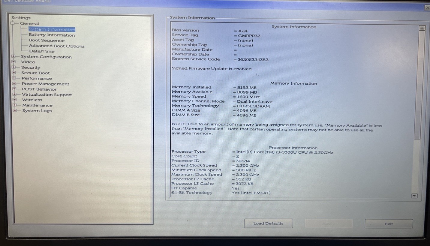 Dell Latitude E5450, Intel i5-5300 @2.30GHz, 4GB RAM, NO SSD, Boots to BIOS