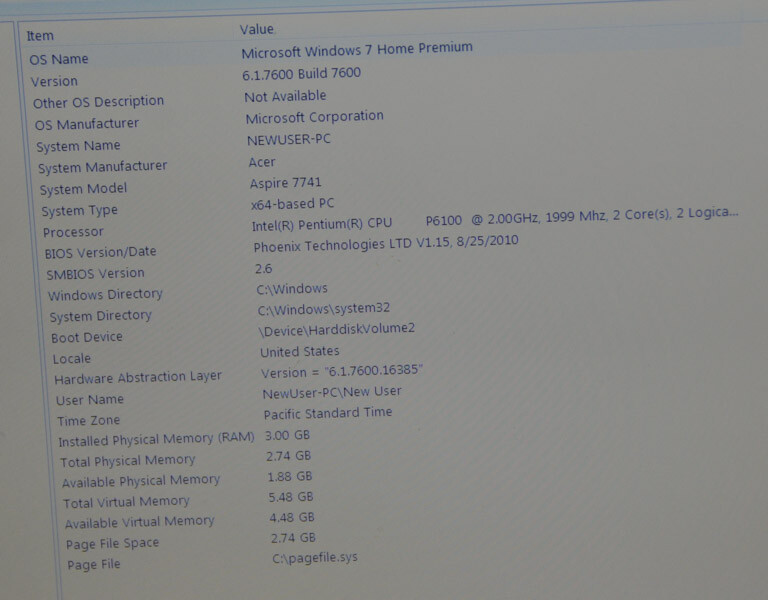 Acer Aspire 7741 Laptop__Intel Pentium CPU P6100 @ 2.00 GHz_3GB RAM_320GB HDD.