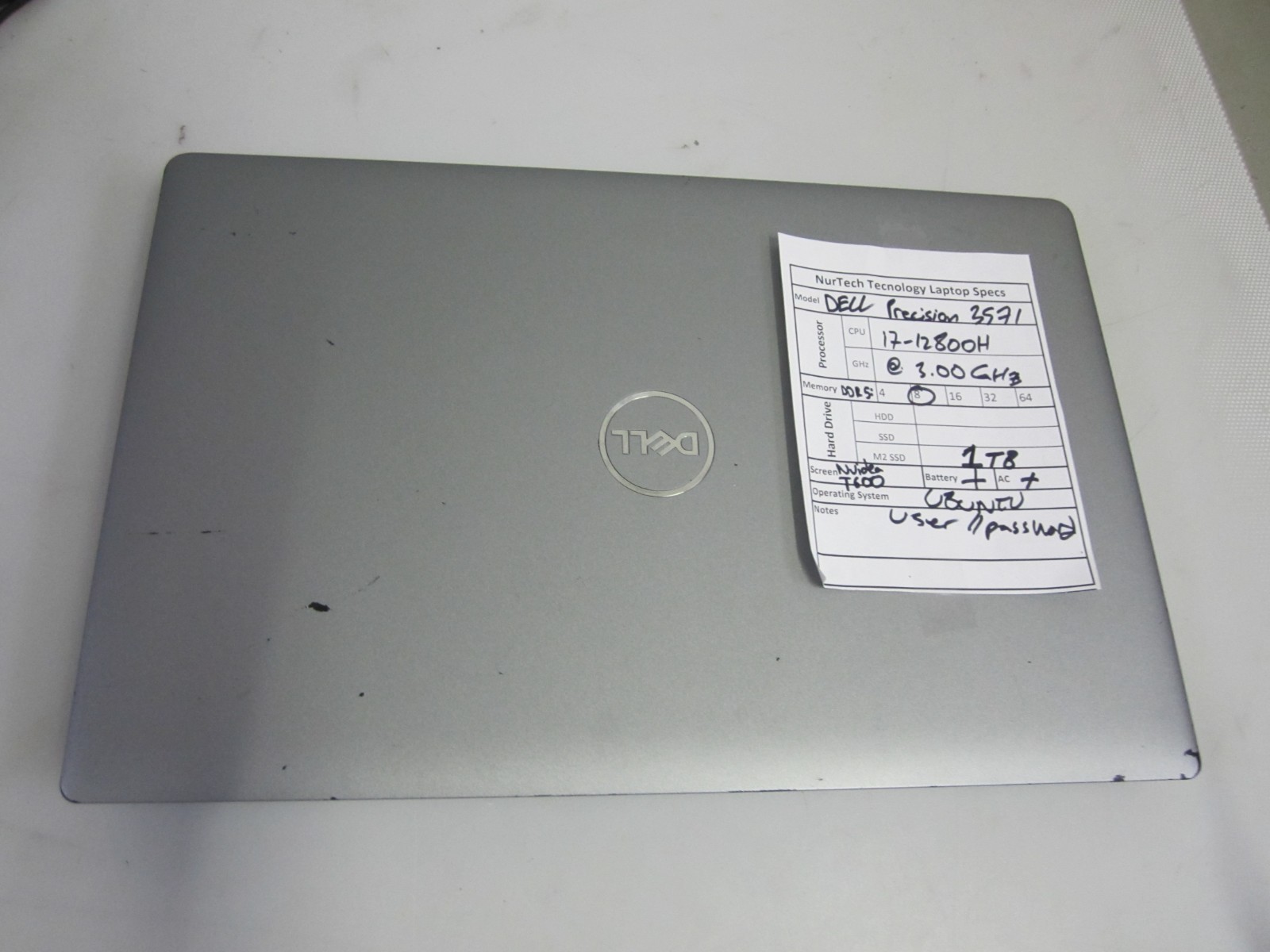 Dell Precision 3571 i7-12800H 3.00GHz 8GB 1TB NVIDIA T800 UBUNTU LAPTOP +AC