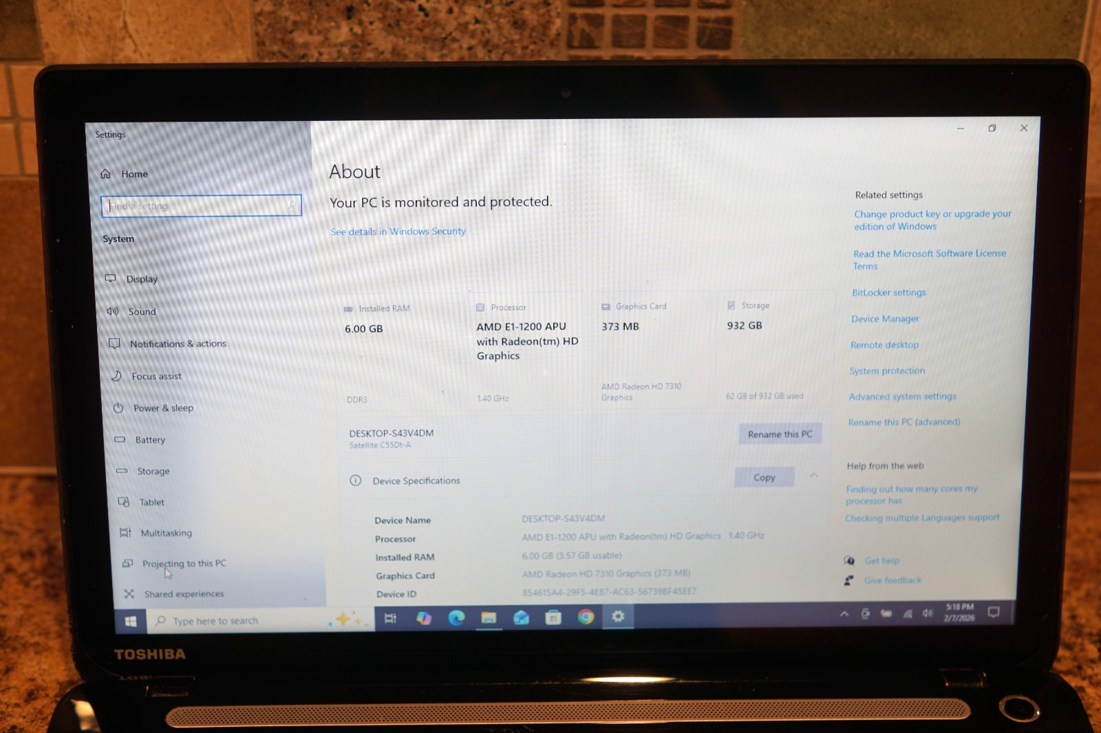 22H2 Version Active WIN10PRO Touch Toshiba Satellite C55t-A@1.40GHz,6GB RAM