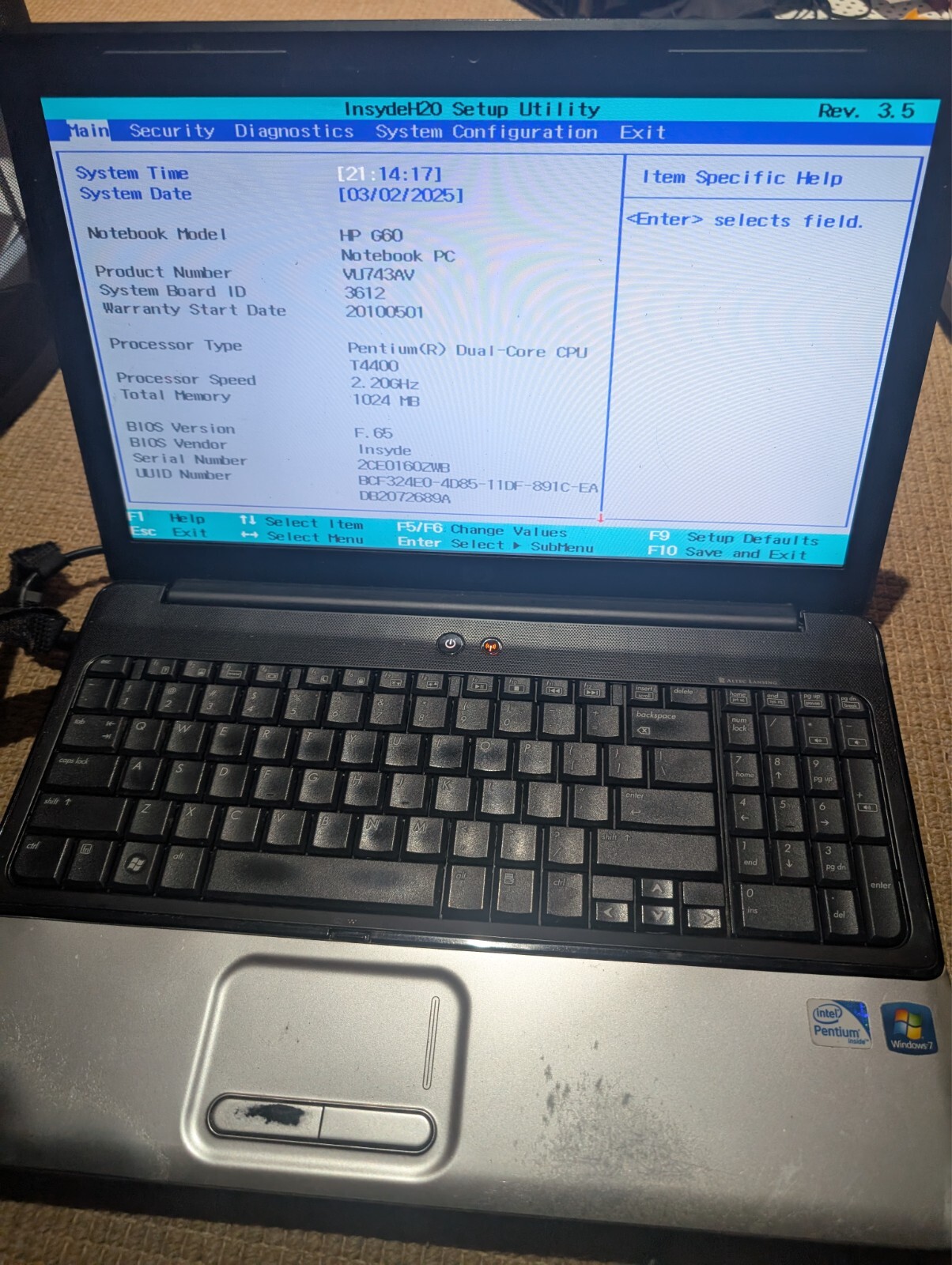 HP G60 15″ Laptop Pentium Dual-Core T4400 boots but for parts/repair (read)