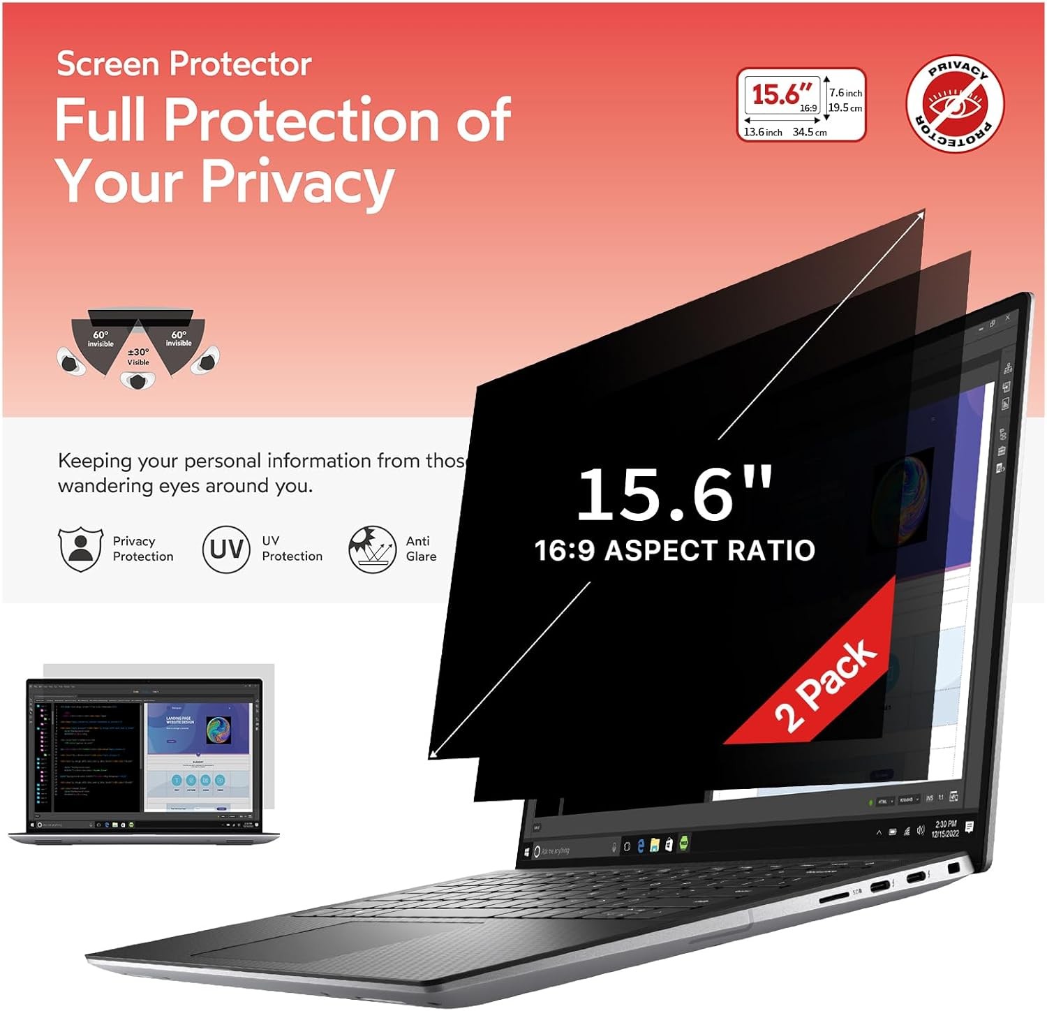 15.6 Laptop Privacy Screen for 16:9 Ratio Computer Monitor, Removable, Anti Glar