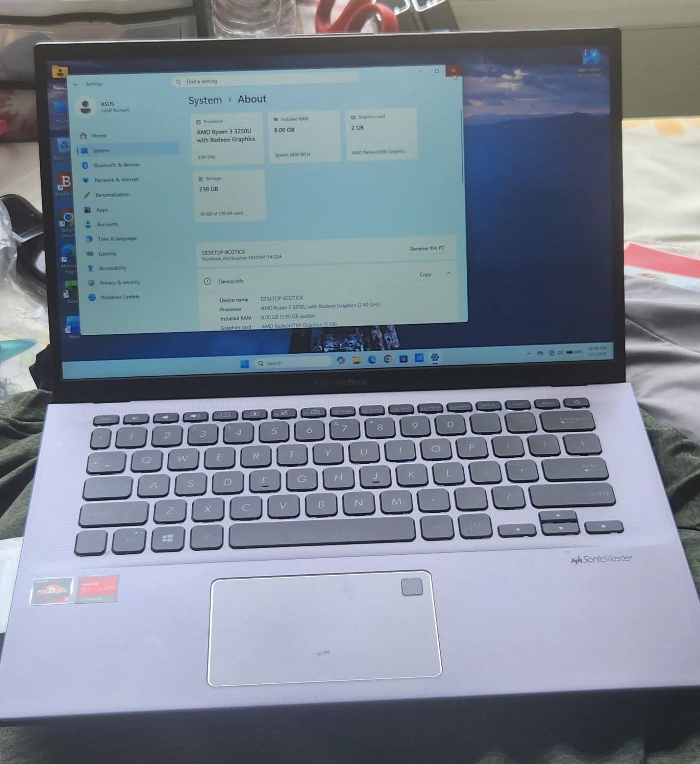 ASUS VivoBook X412DAP 14in Ryzen 3 3250U 8GB 238GB SSD Win 11 Gray