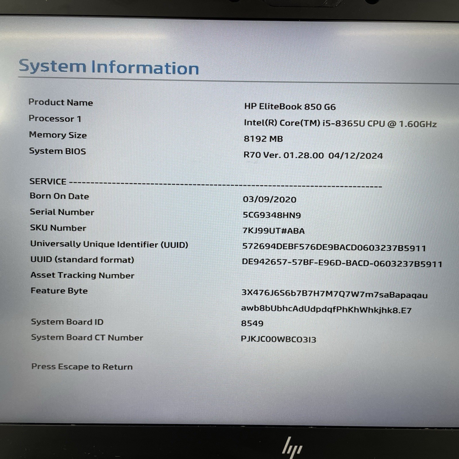 HP EliteBook 850 G6 15.6″ i5-8365U 1.60 GHz 8 GB RAM No SSD/OS/AC – No Keyboard