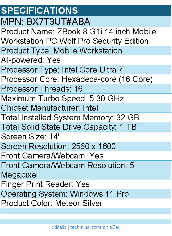 HP BX7T3UT#ABA ZBook 8 G1i 14″ Mobile Workstation – Intel Core Ultra 7 265H