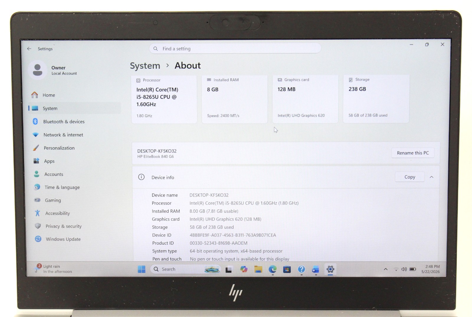 HP Elitebook 840 G6 14″ 1.6GHz i5-8265U 256GB SSD 8GB RAM Win 11 Pro ; 6181273