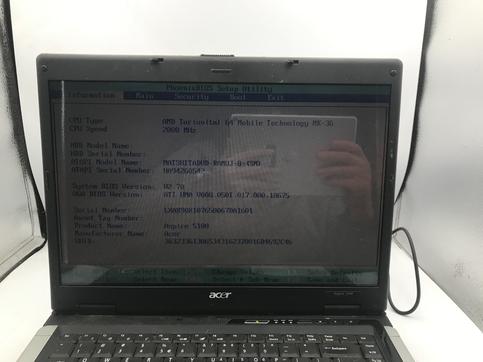 ACER ASPIRE 5100 3949 – BOOTS TO BIOS – AMD TURION 64 – 1GB RAM – RREAD DESC -BB