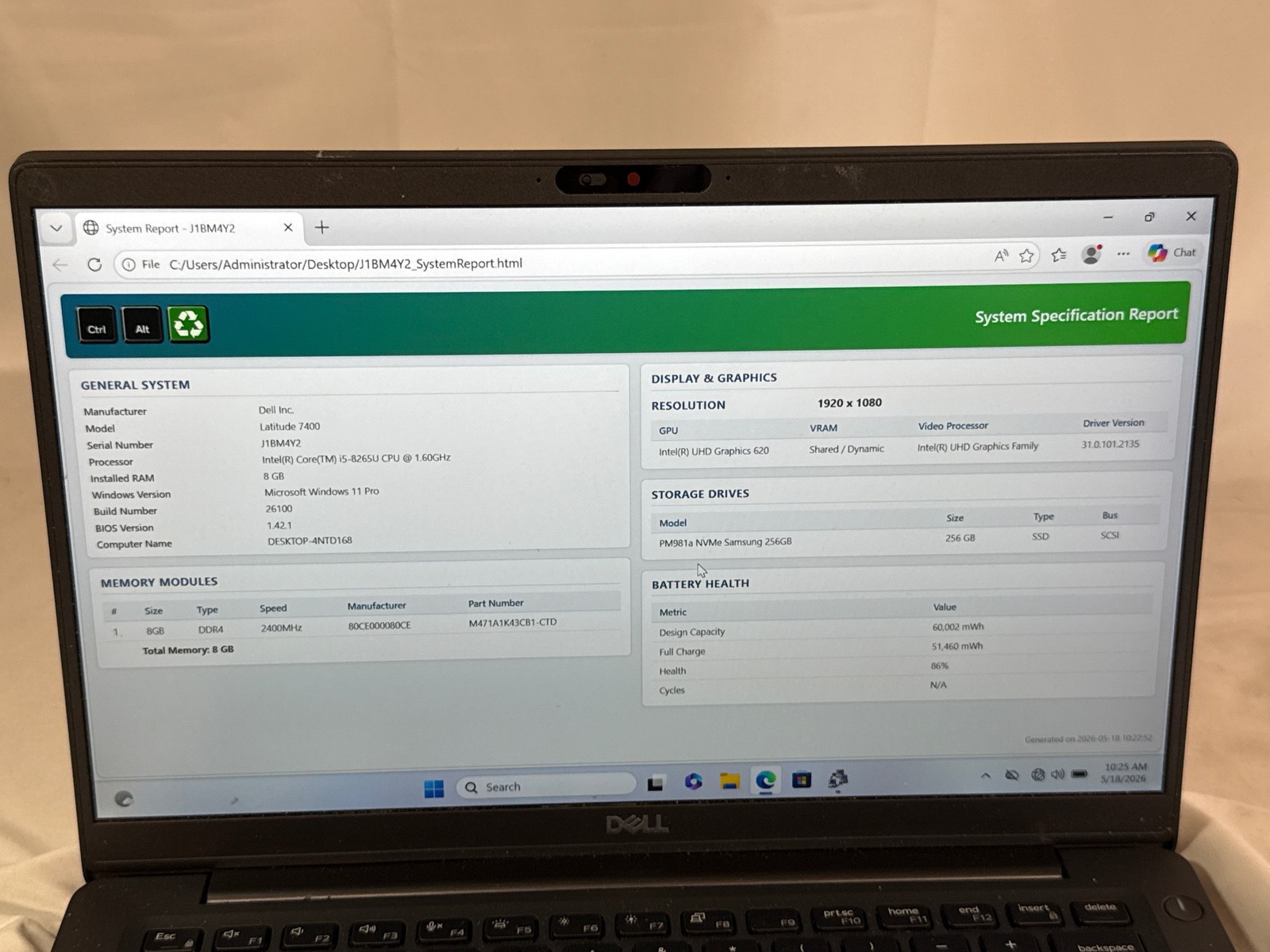Dell Latitude 7400 Intel Core i5-8265U 8 GB 256GB SSD 14″