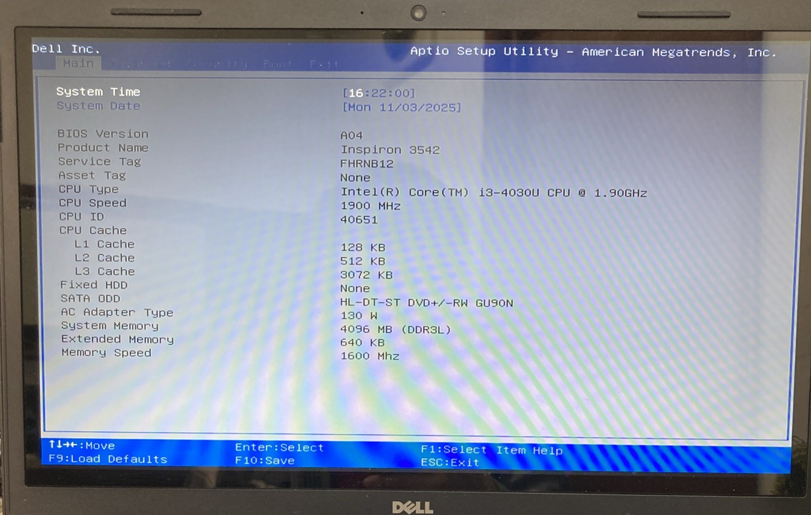 Dell Inspiron 3542 Laptop i3-4030u 1.90GHz 4gb Ram No HDD Boots Bios