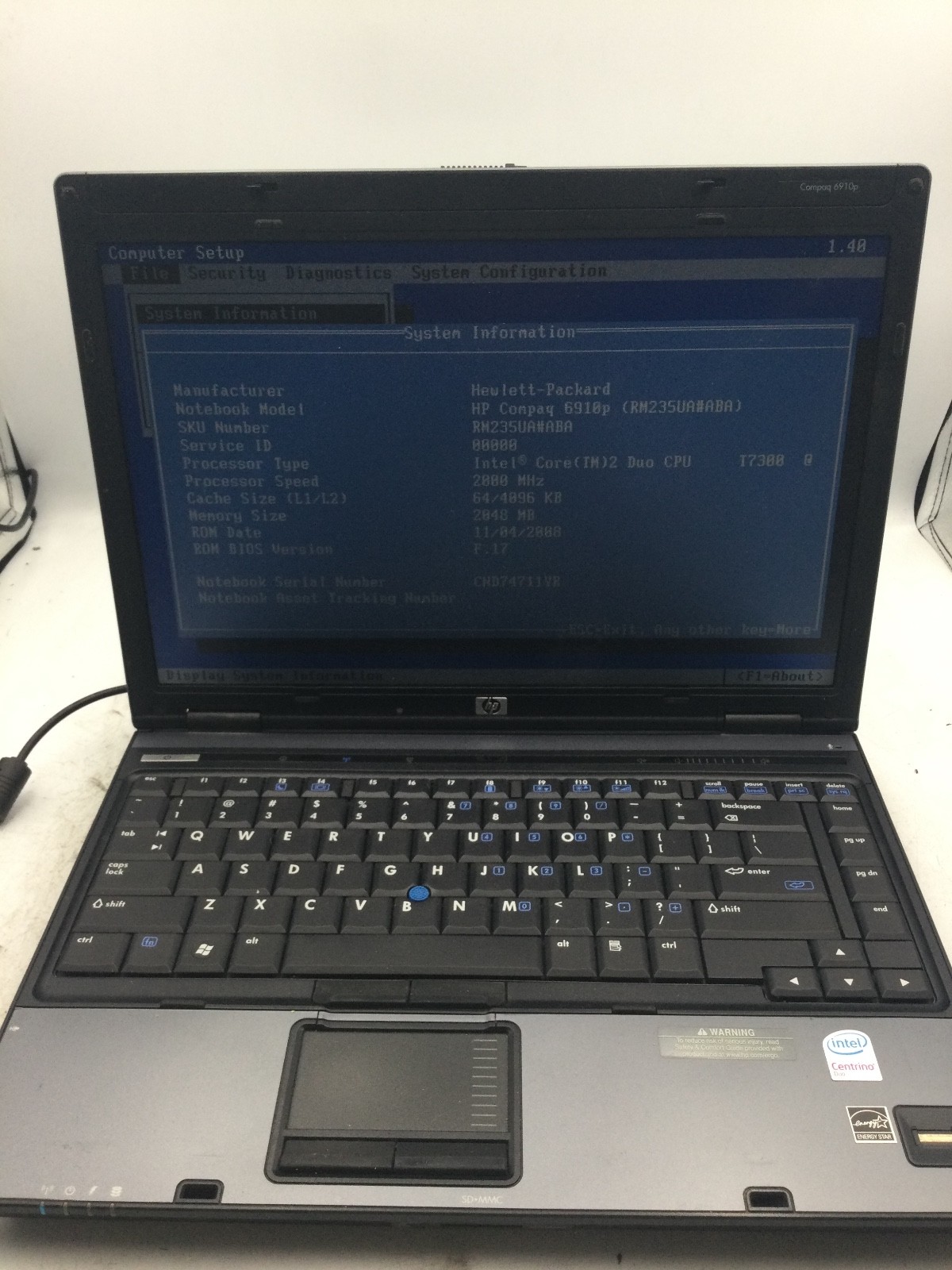 HP COMPAQ 6910P – BOOTS TO BIOS – INTEL CORE 2 DUO – NO RAM – READ DESCRIP – BB