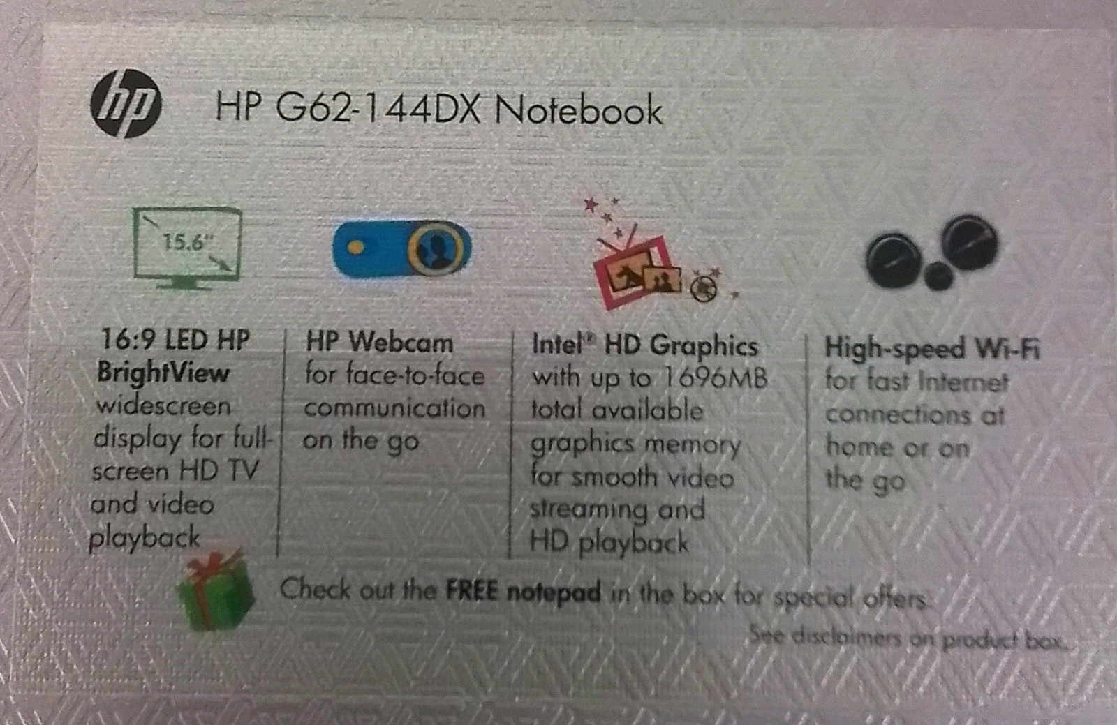 HP G62 Laptop Intel i3 Windows 7 Home Premium No Battery #W3815