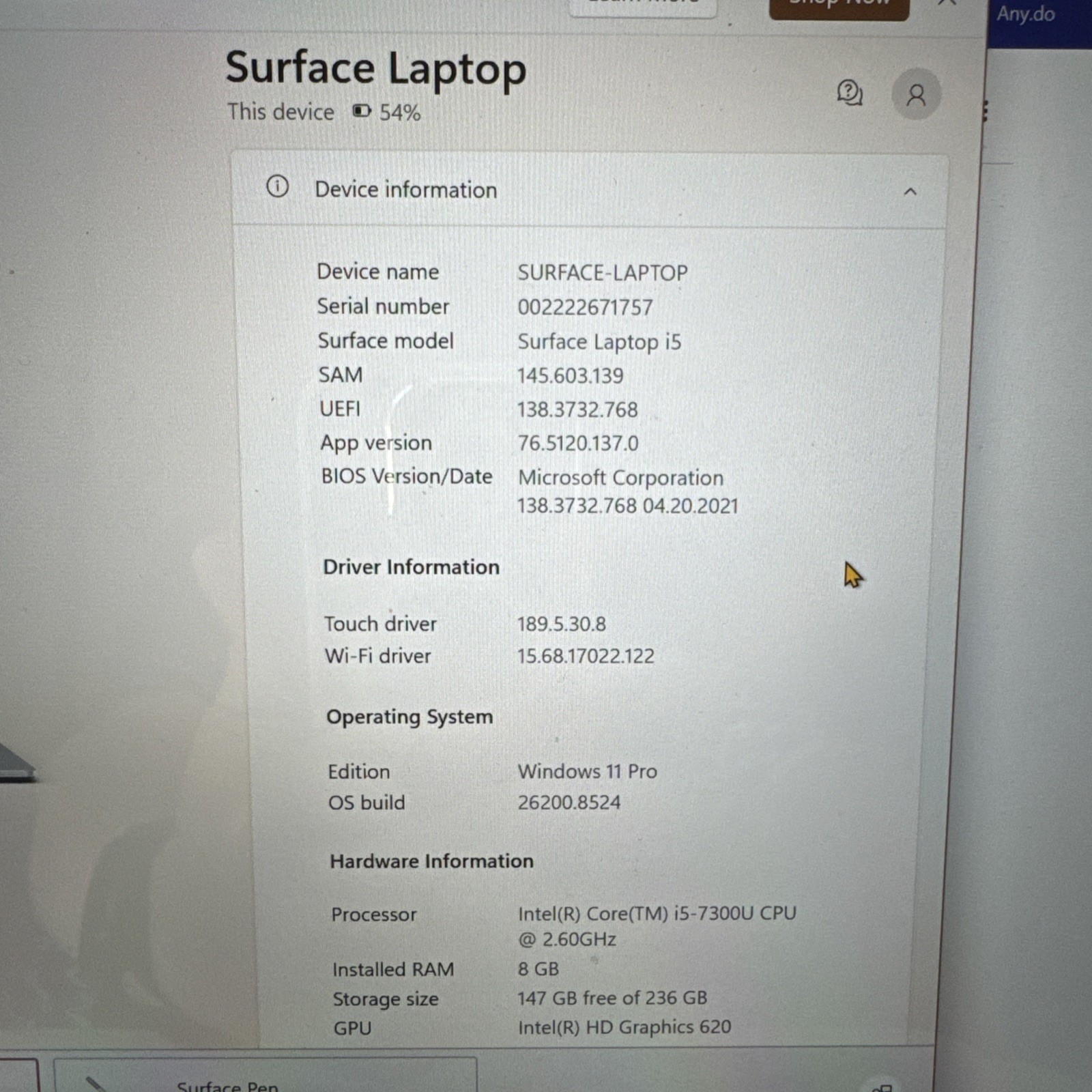 Microsoft Surface Laptop 13.5” (256 GB, Intel Core i5 7th Gen., 8 GB) – Win 11