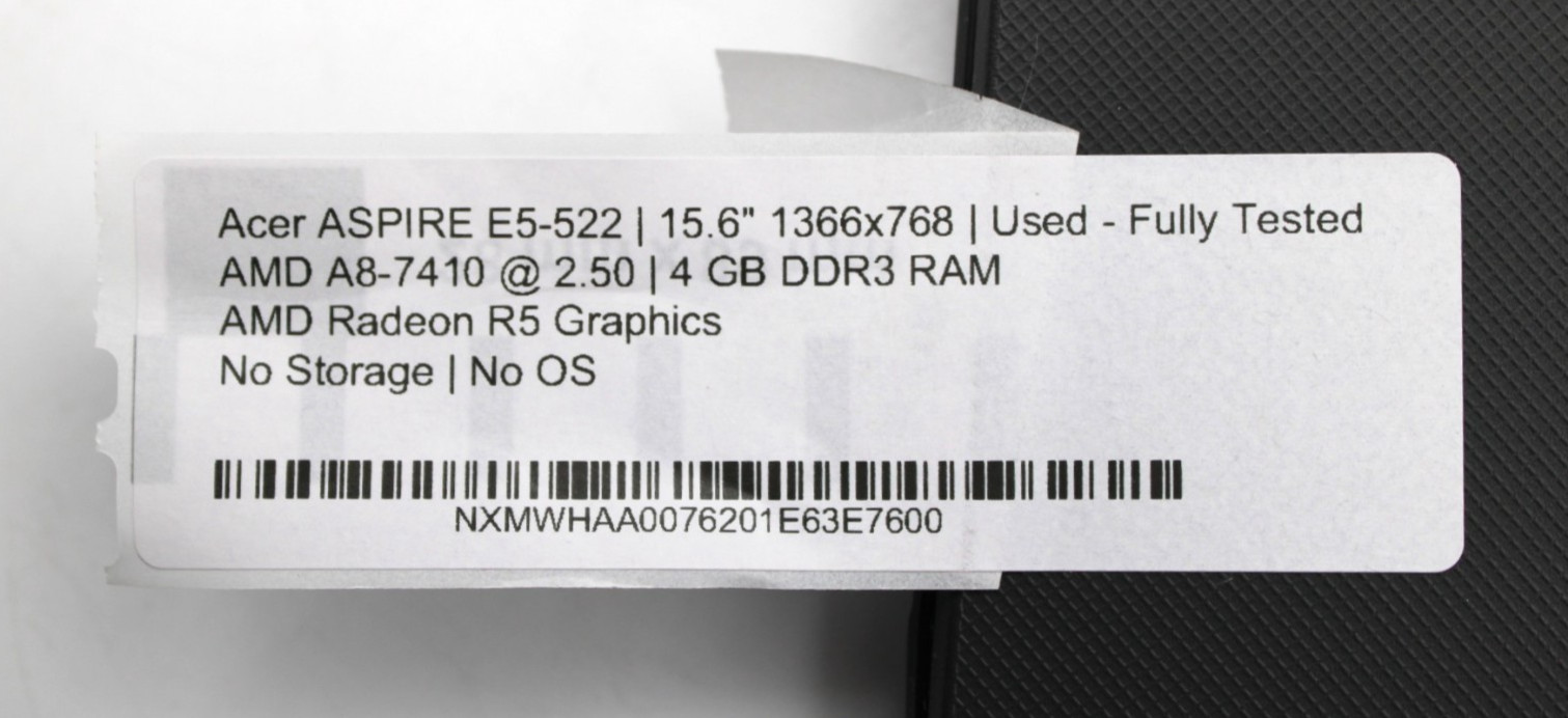 Acer ASPIRE E5-522 AMD A8-7410@2.5GHz 4GB DDR3 NO STORAGE/OS *USED/TESTED*