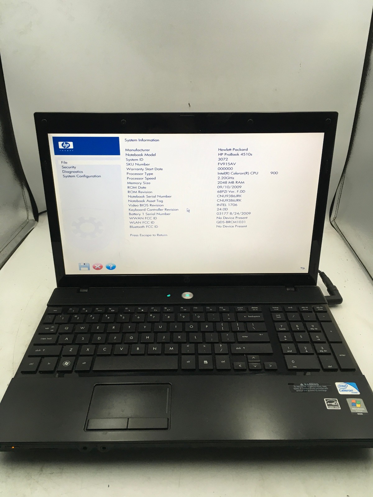 HP PROBOOK 4510S – BOOTS TO BIOS – INTEL CELERON 900 – 2GB RAM – 15″ – READ – BB