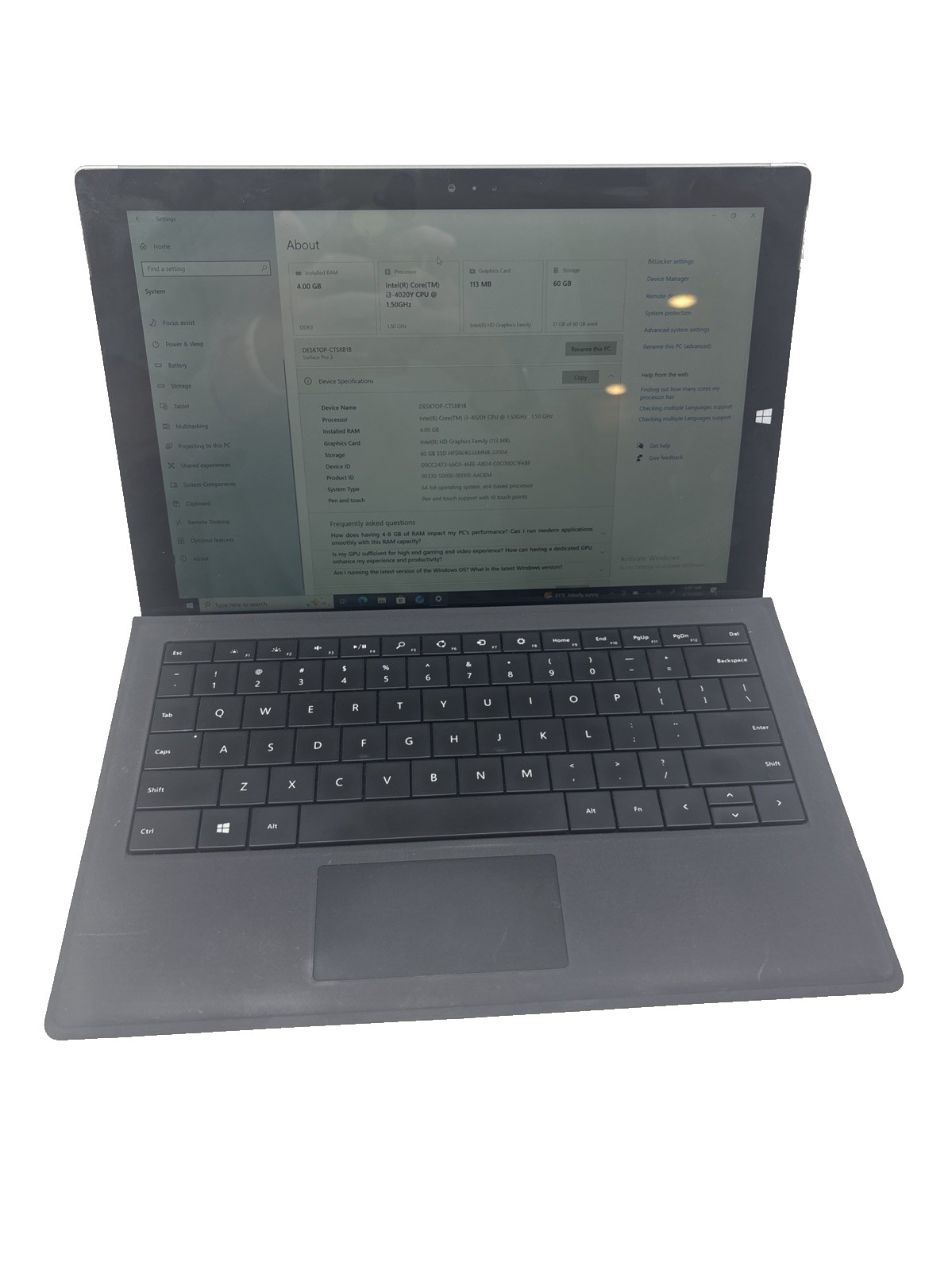 Microsoft Surface Pro 3 i3-4020Y@1.5GHz 4GB RAM 64GB SSD Windows 10 NO CHARGER
