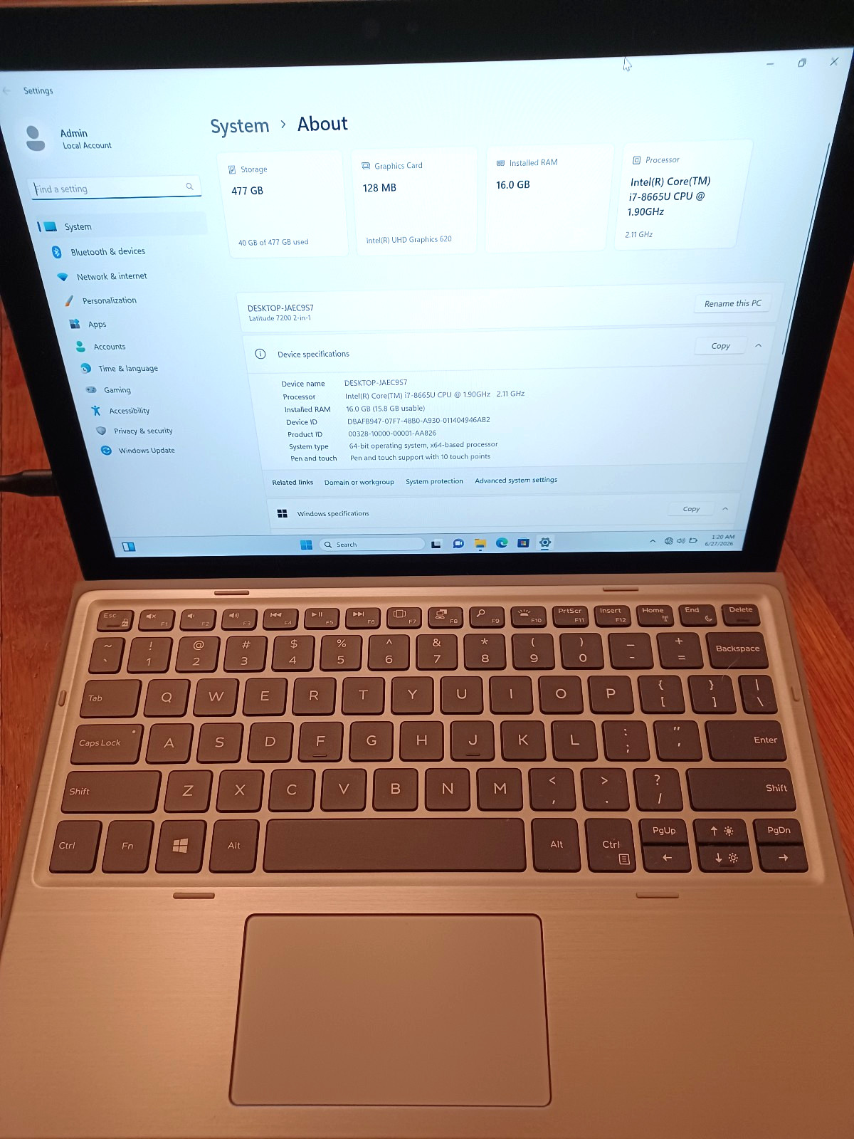 Dell Latitude 7200 2-in-1 i7-8665U 16GB RAM 512GB SSD. No AC Adapter