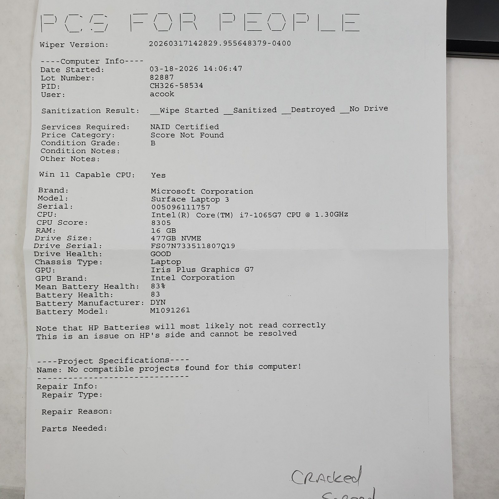 MICROSOFT SURFACE LAPTOP 3 INTEL CORE I7-1065G7 16GB RAM 512GB NO OS *READ