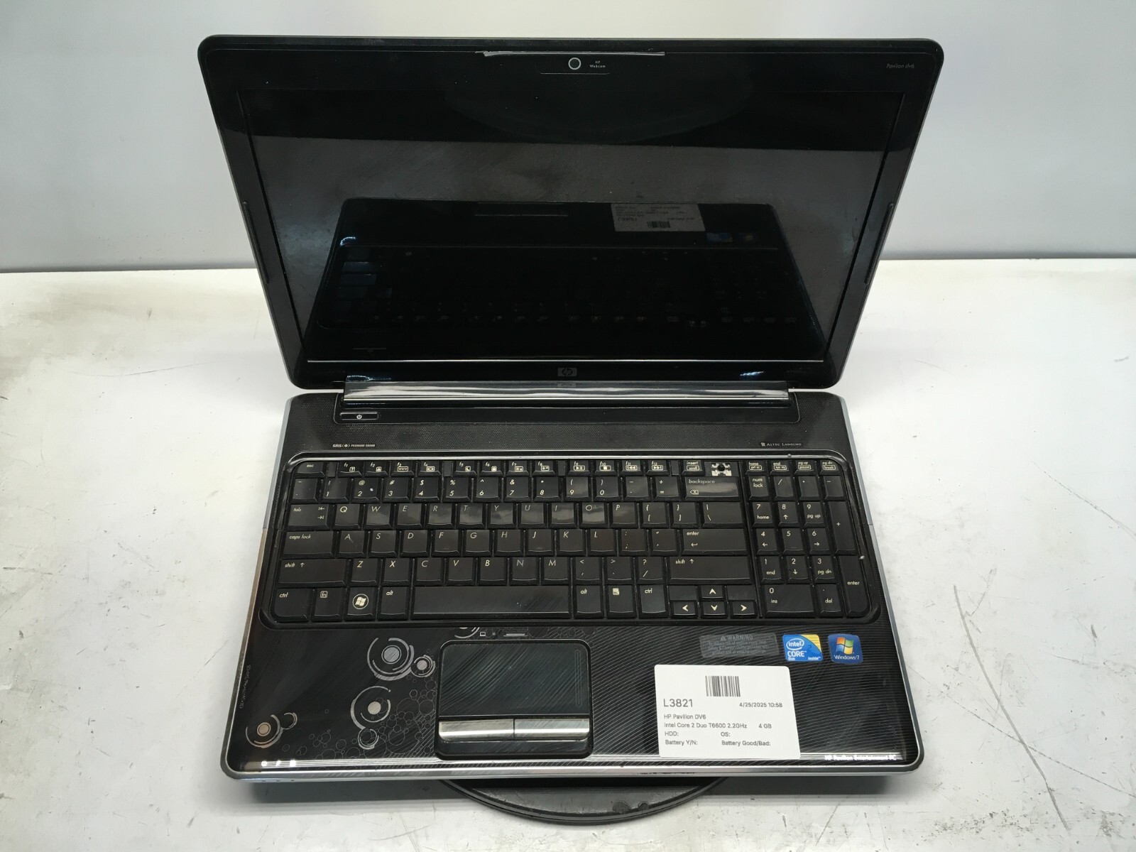 HP Pavilion DV6-1352DX Intel Core 2 Duo T6600 2.2GHz 4 GB NO HDD