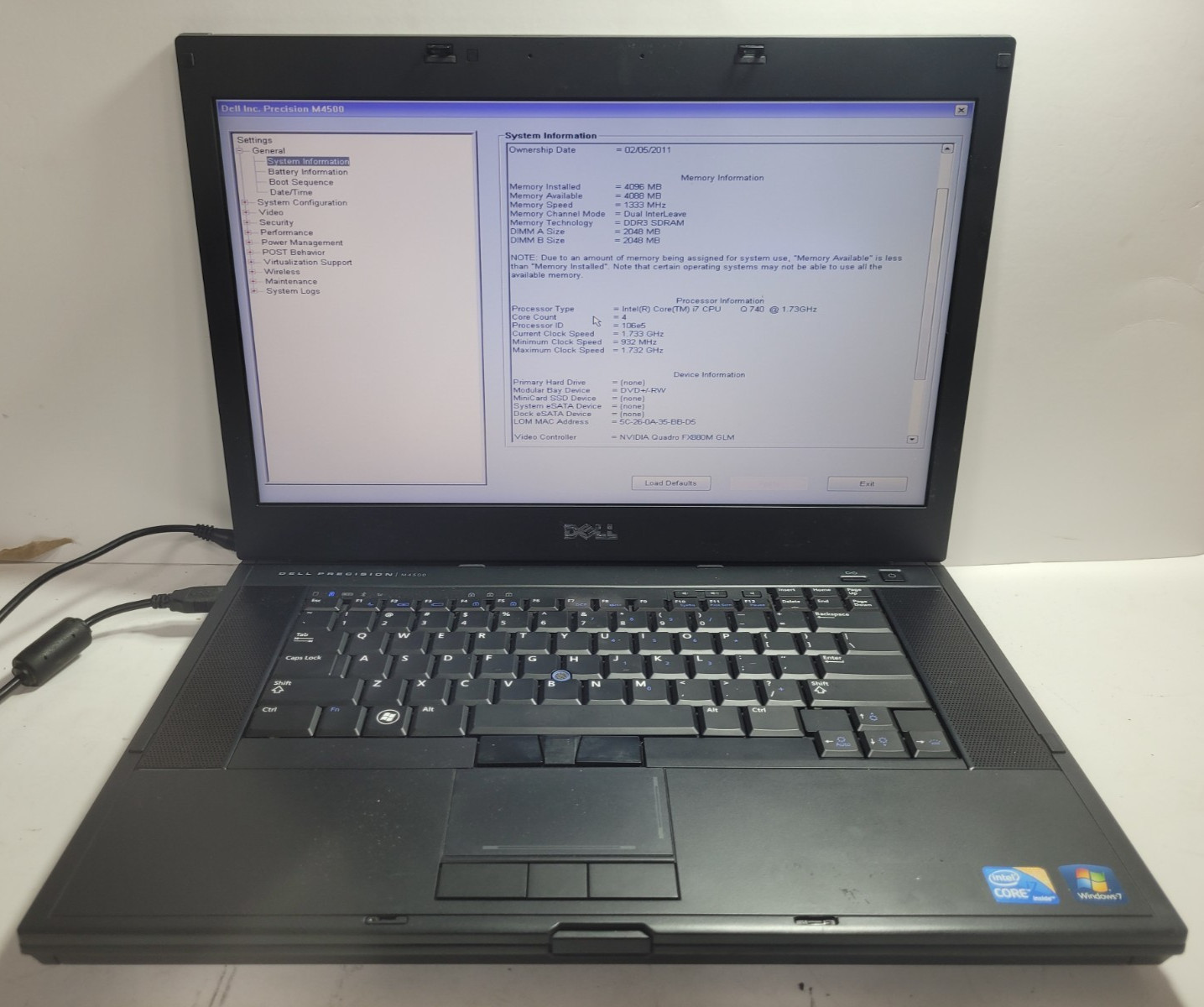 DELL PRECISION M4500 w/i7-Q740, 4GB RAM, Quadro FX880M GLM 1GB for Repair #0312
