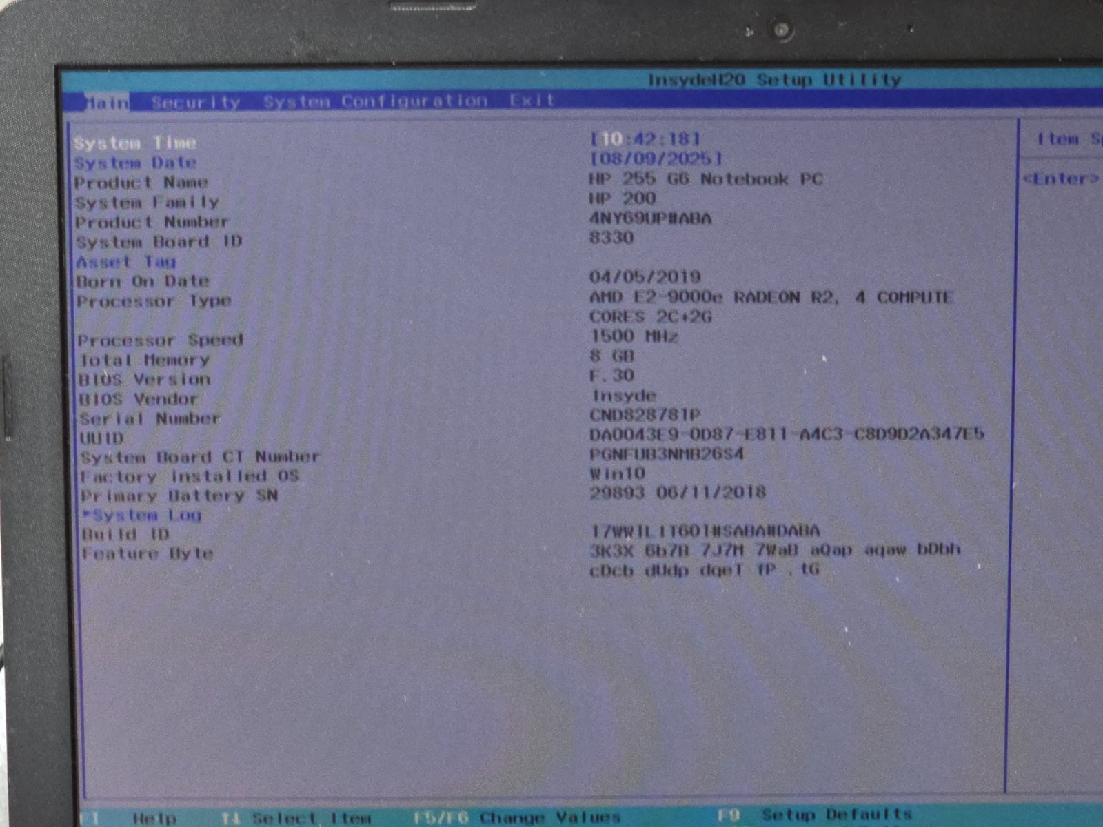 HP 255 G6 15.6 inch Boots to bios