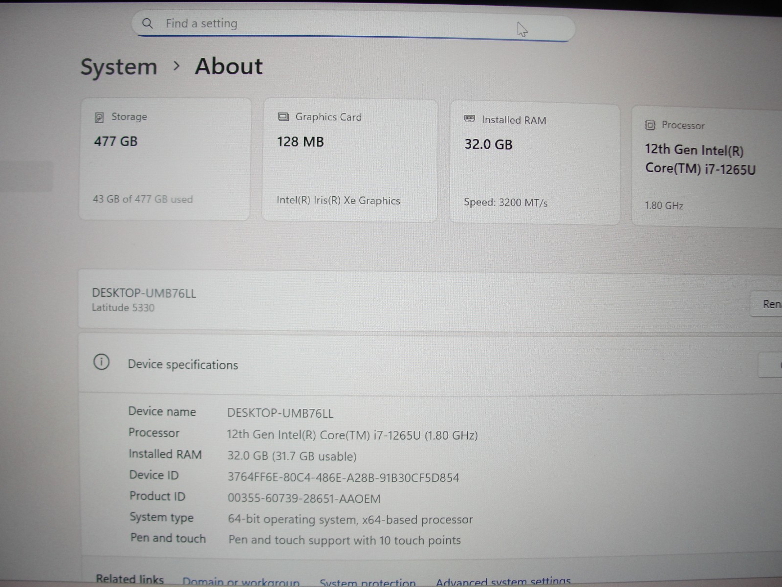Dell Latitude 5330 13.3″FHD Touch Core i7-1265U 1.8GHz 32GB RAM 512GB SSD +PA