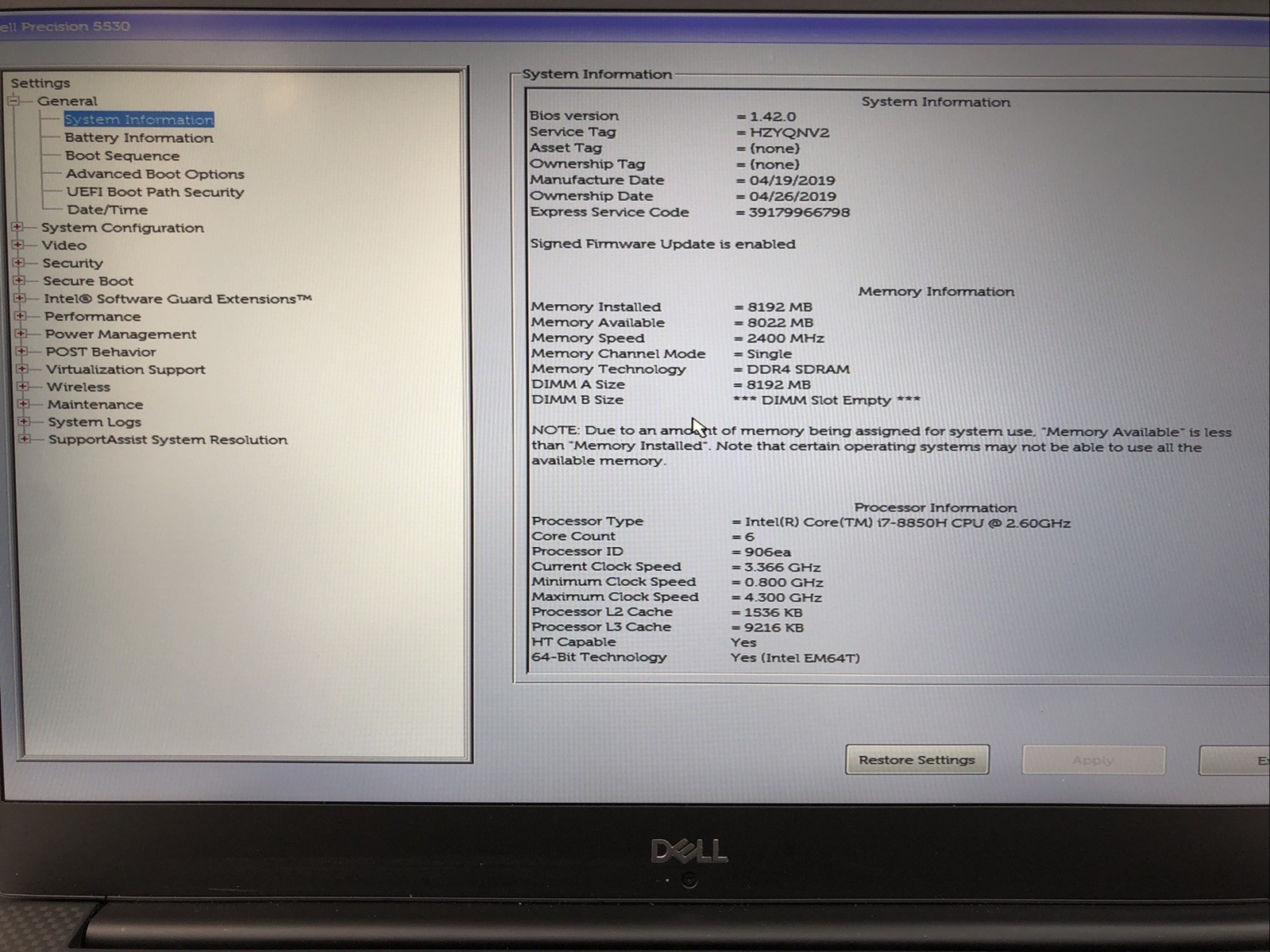 Dell Precision 5530, Intel Core i7-8850H @2.50Ghz, 8GB RAM, NO SSD/OS, Tested!