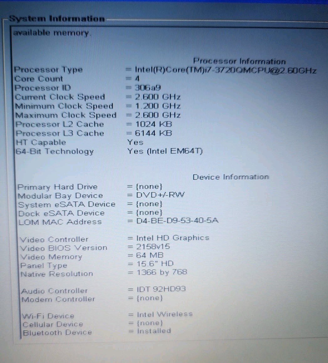 Dell Latitude E6530 i7-3720Q CPU@2.6GHz 8GB RAM No HDD No OS No Batt(626A3)