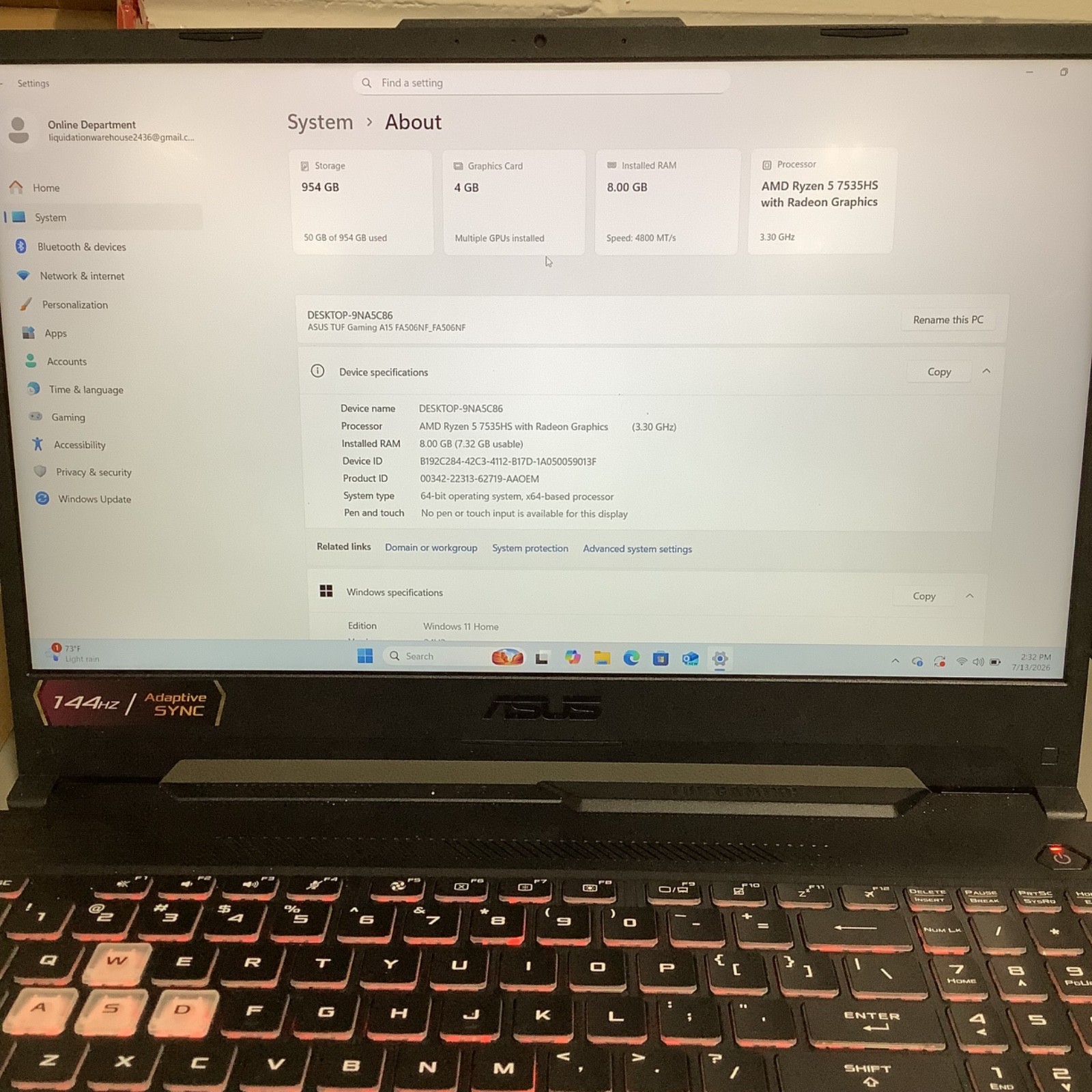 Asus TUF Gaming A15- (8GB 954GB SSD) AMD Ryzen 5 7535HS with Radeon Graphics