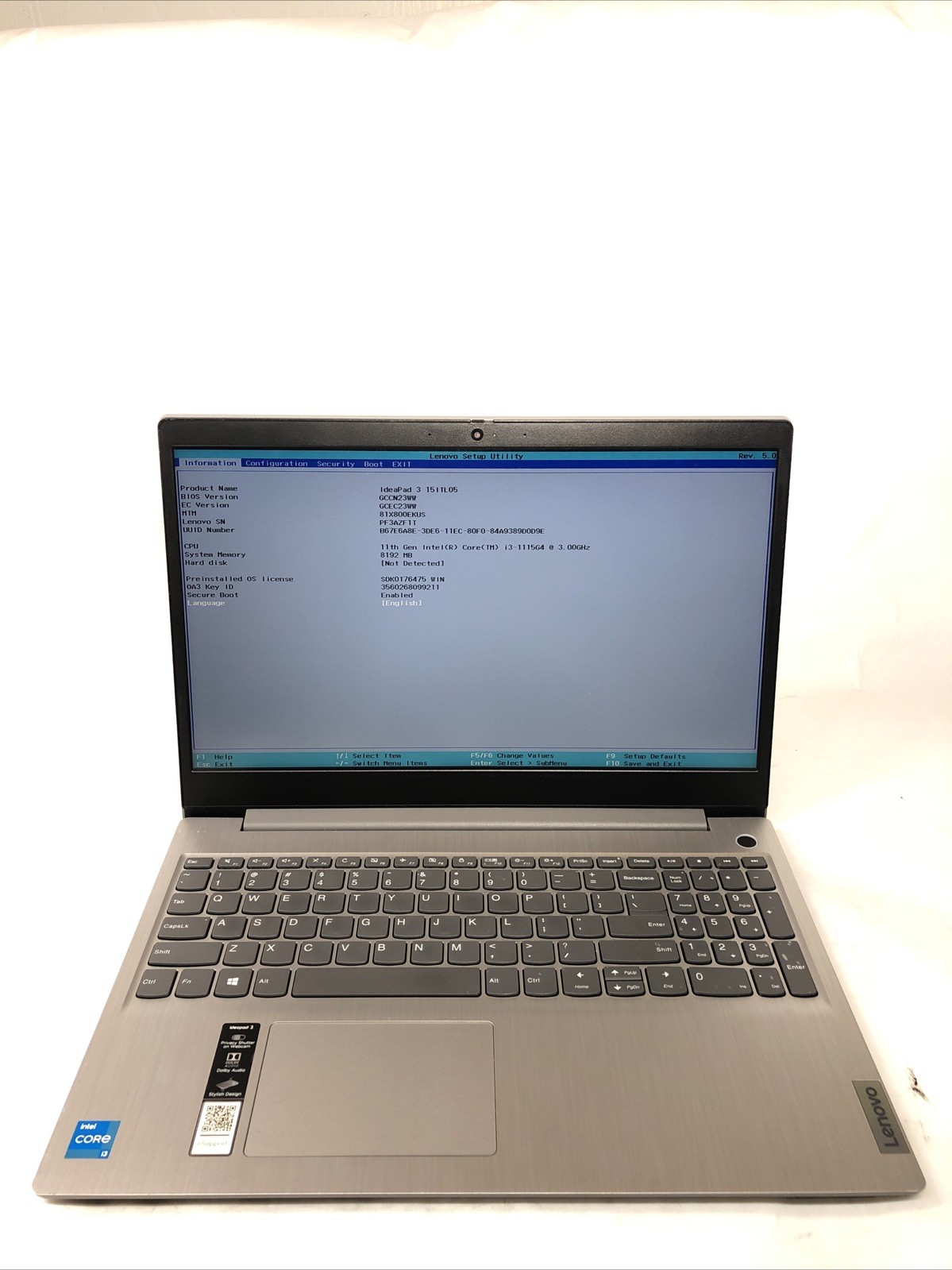 Lenovo IdeaPad 3 15ITL05, Intel Core i3-1115G4 @3.00Ghz, 8GB RAM, NO SSD/OS,