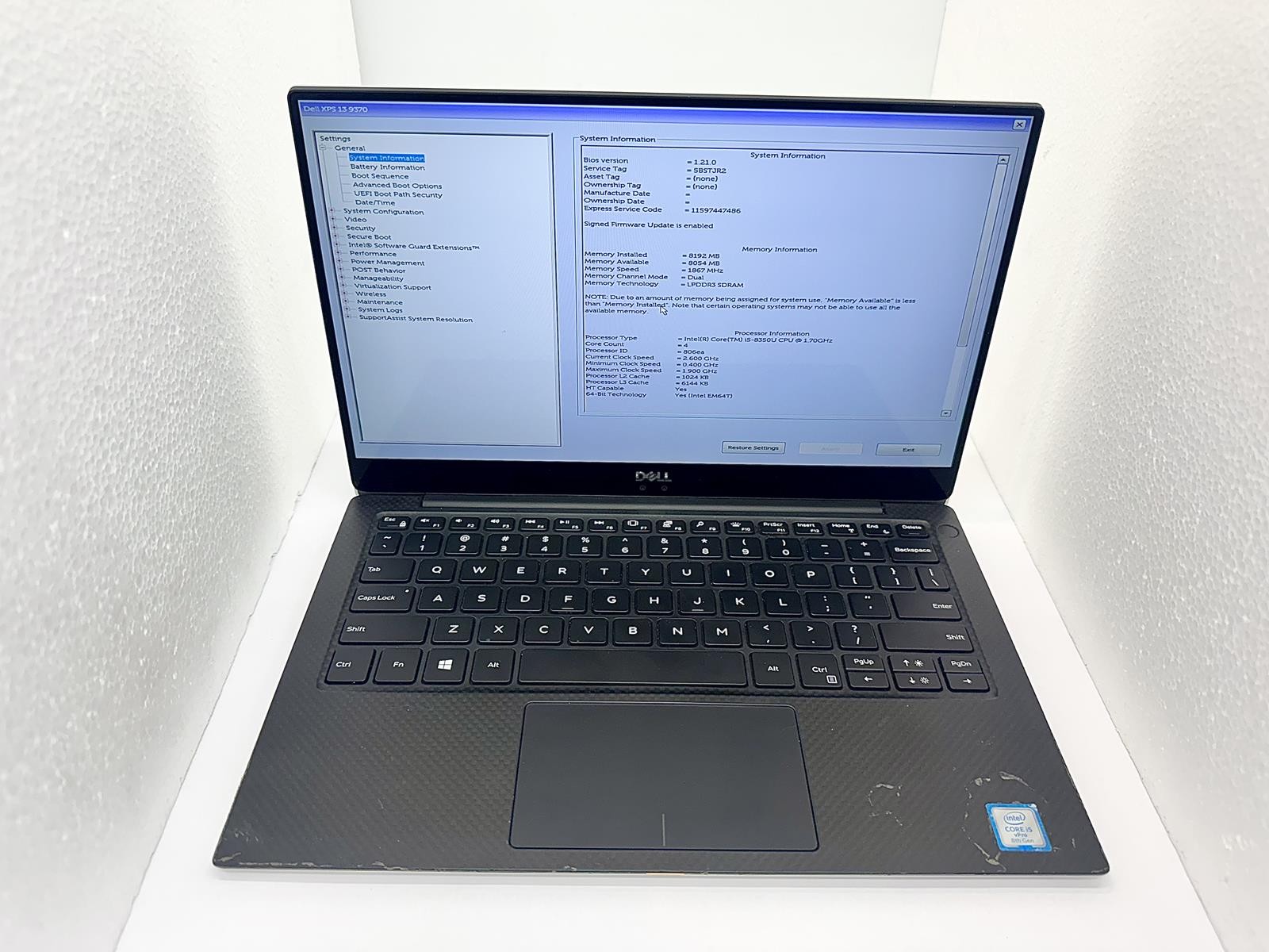 Dell XPS 13 9370, Intel Core i5-8350U CPU @ 1.70GHz, 8GB RAM, 256GB NVMe