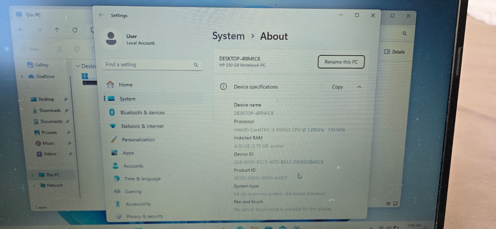HP 250 G8 15.6 inch, 1TB HD, Intel Core i3-1005G1, 1.20GHz, 4GB RAM, Windows Pro