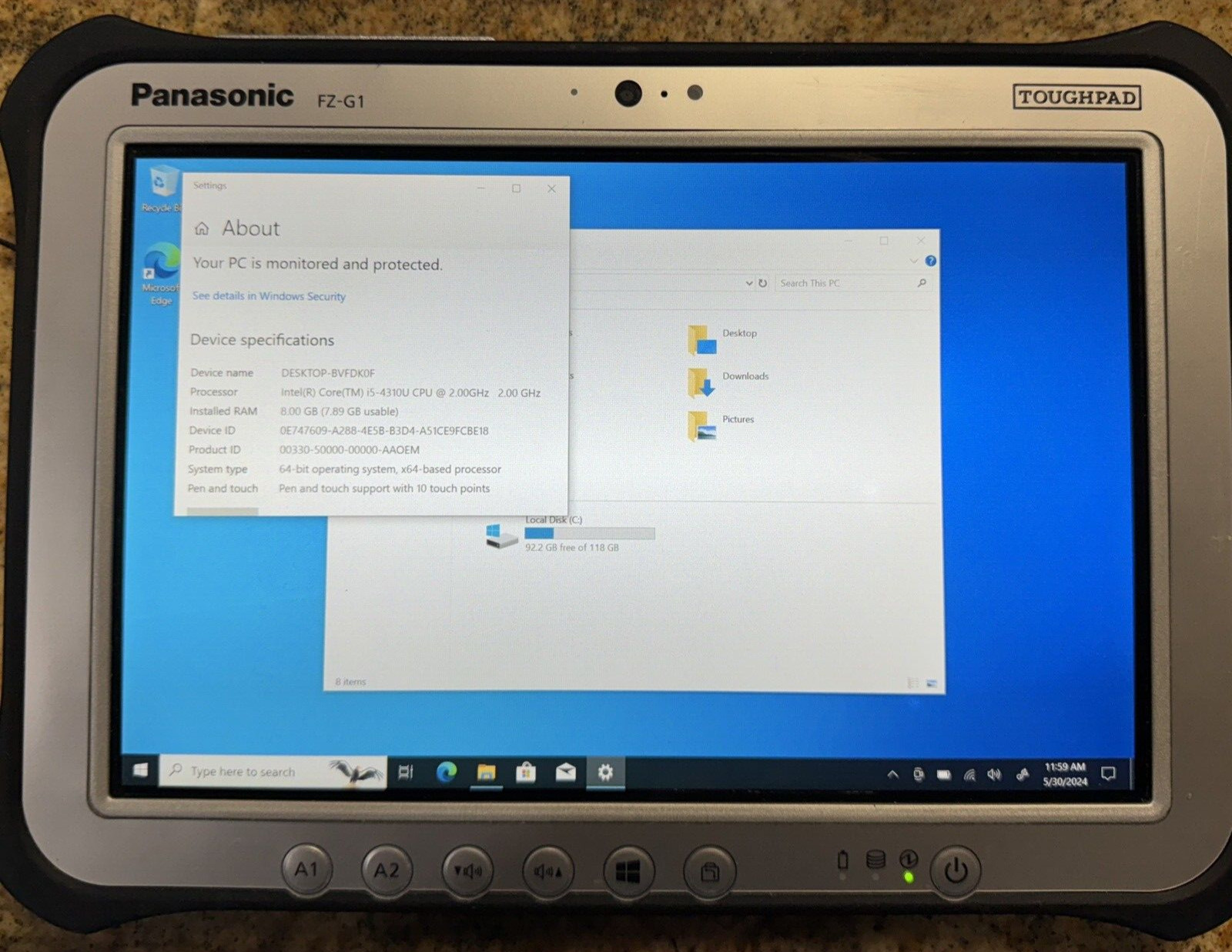 Panasonic Toughpad FZ-G1 Core i5 4310U 2GHz 8GB RAM 256 GB SSD Win 10 Pro W/ AC