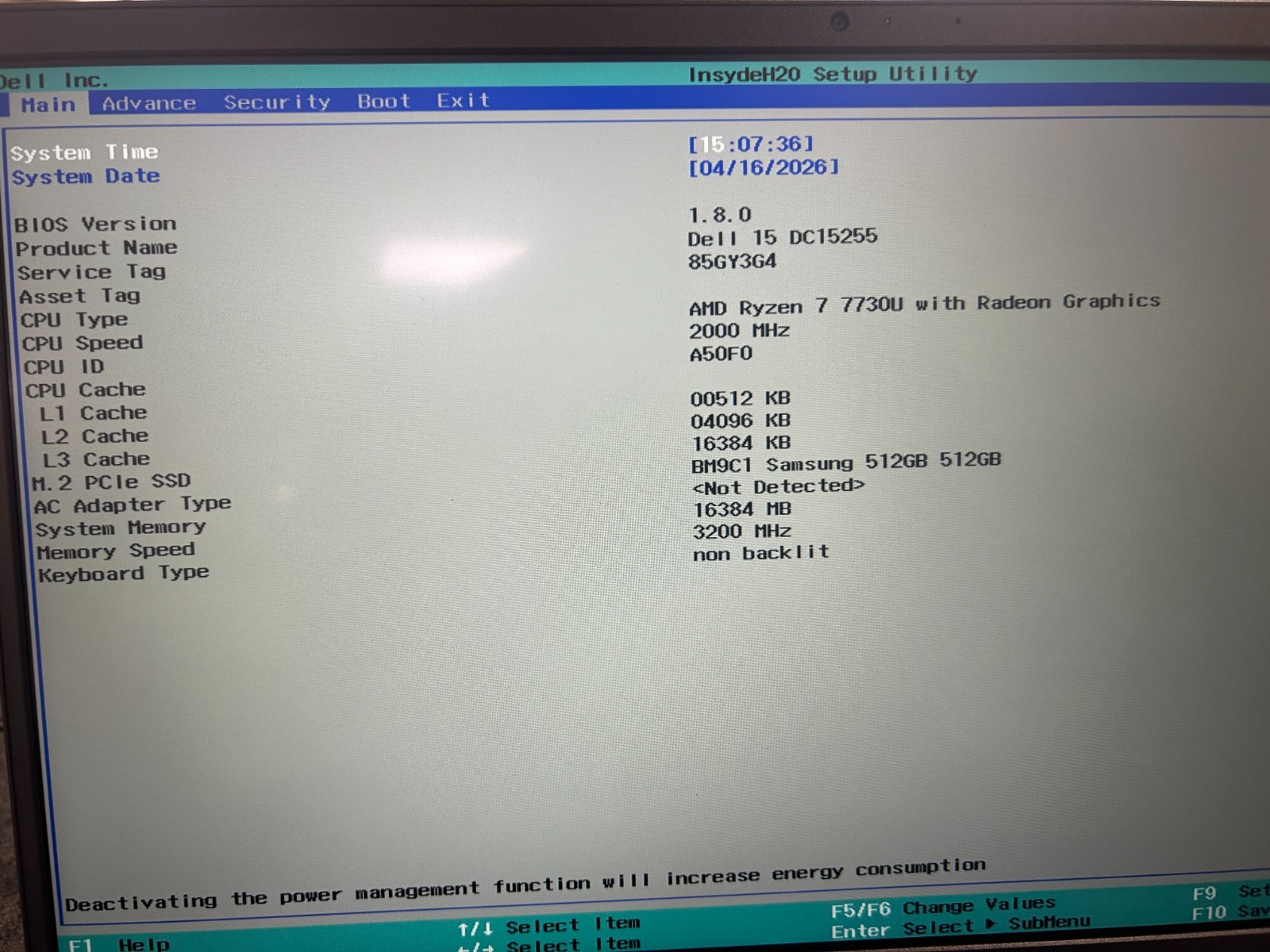 DELL 15 DC15255 G8MK9, AMD Ryzen 7 7730U, 2.00 GHz, 16 GB RAM 512 GB NVMe SSD