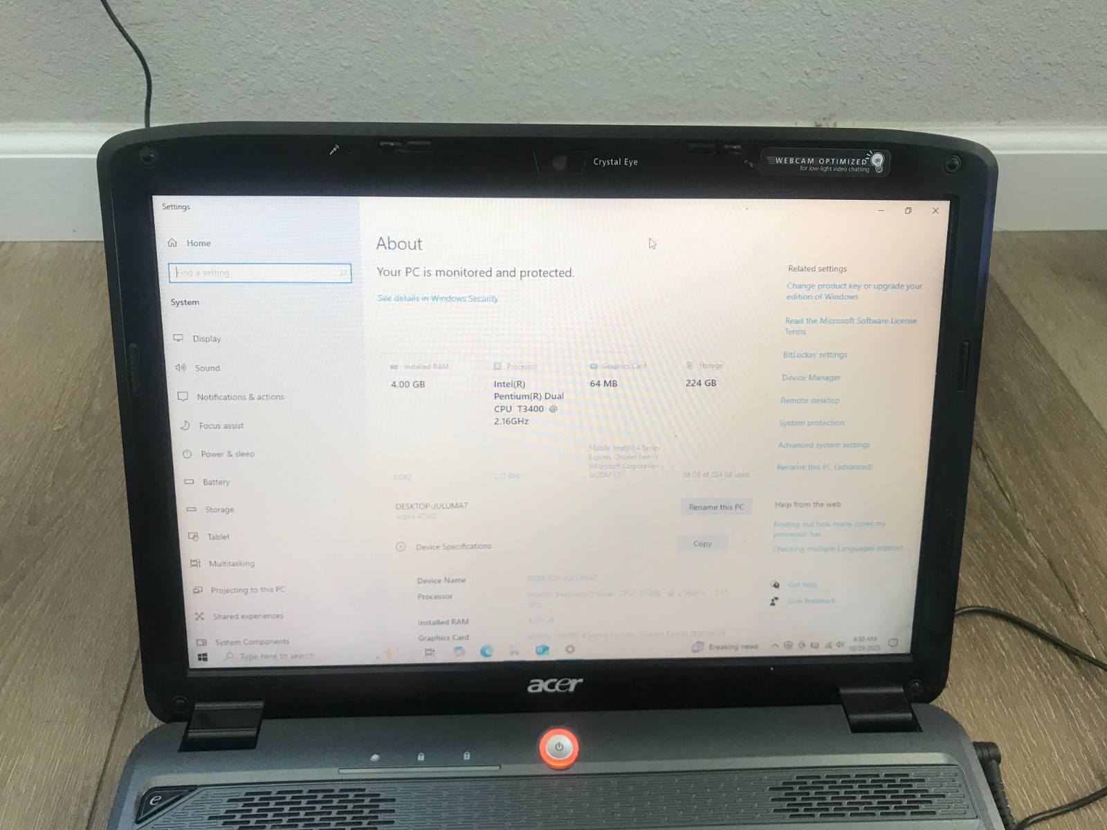 Acer Aspire 4730Z 14.1″ Intel Pentium Dual T3400 2.16GHz 4GB RAM 240GB SSD Win10