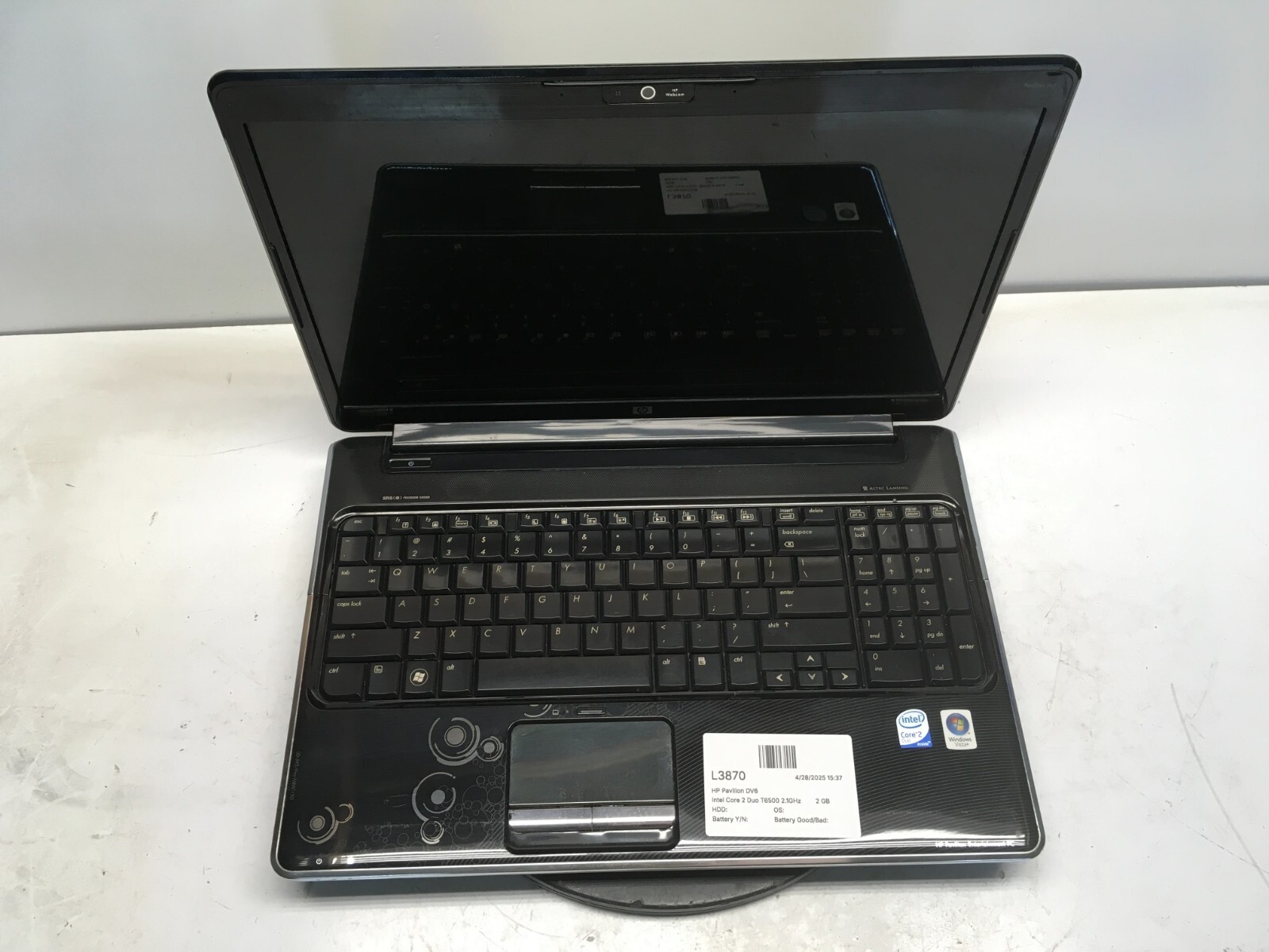 HP Pavilion DV6-1245DX Intel Core 2 Duo T6500 2.1GHz 2 GB NO HDD No Batt Dim LCD