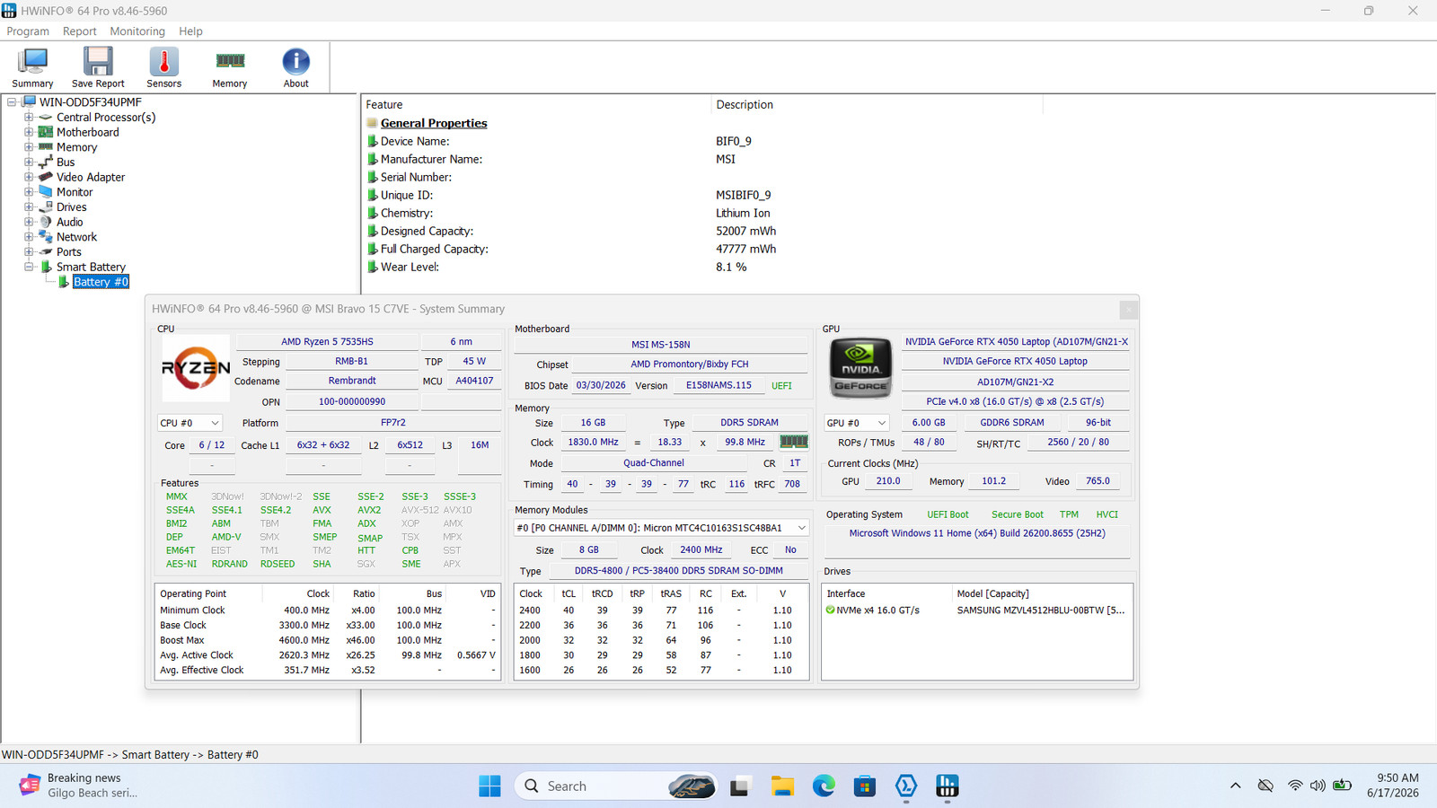 MSI Bravo 15 C7VE 15″ FHD RYZEN 5 7535HS WITH RADEON GRAPHICS 512GB SSD 16GB