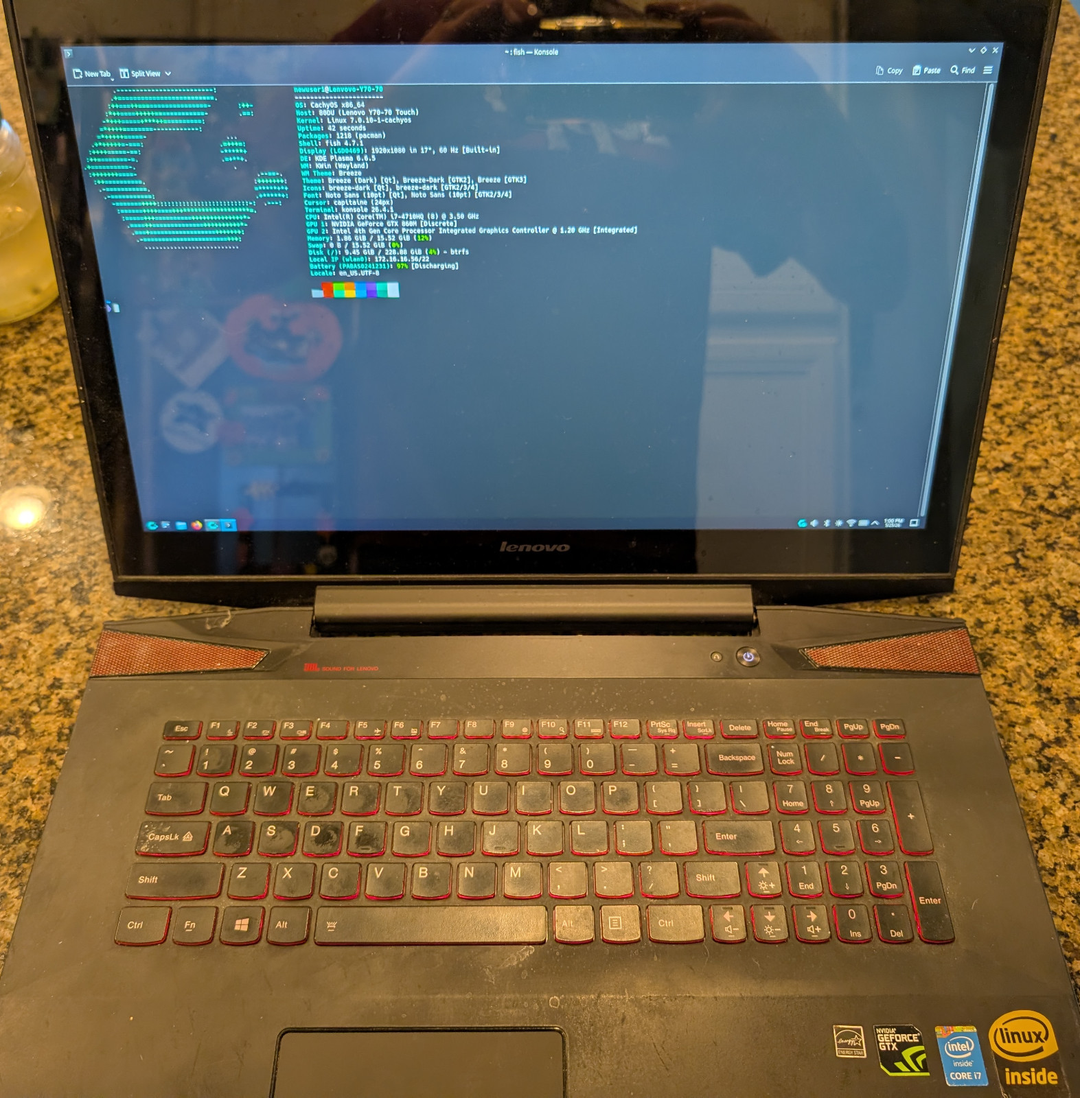 Lenovo Y70 17.3-Inch Touchscreen Gaming Laptop (80DU0034US) Black CachyOS Linux